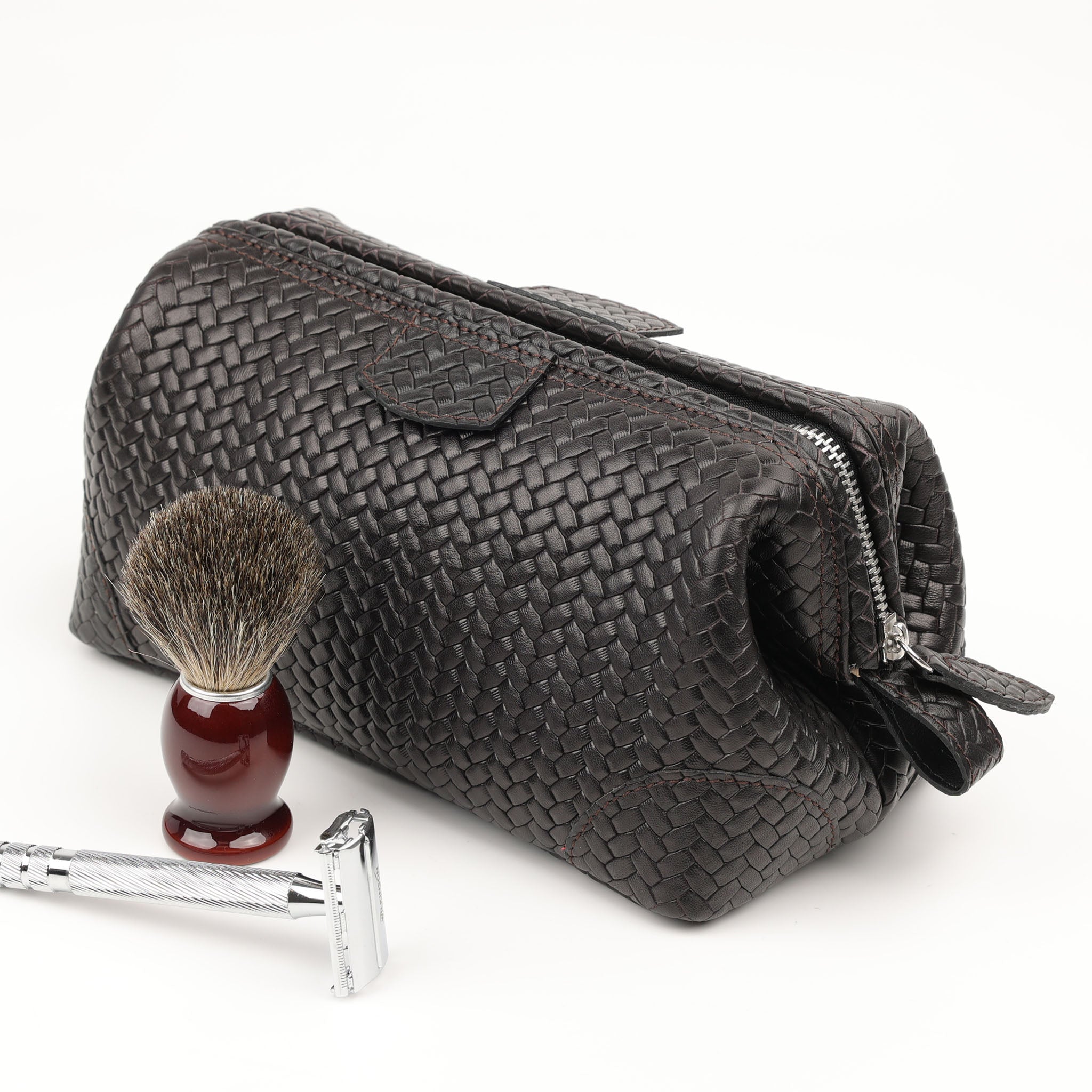 Trousse de toilette Souricière Plate (M) - tressé brun foncé