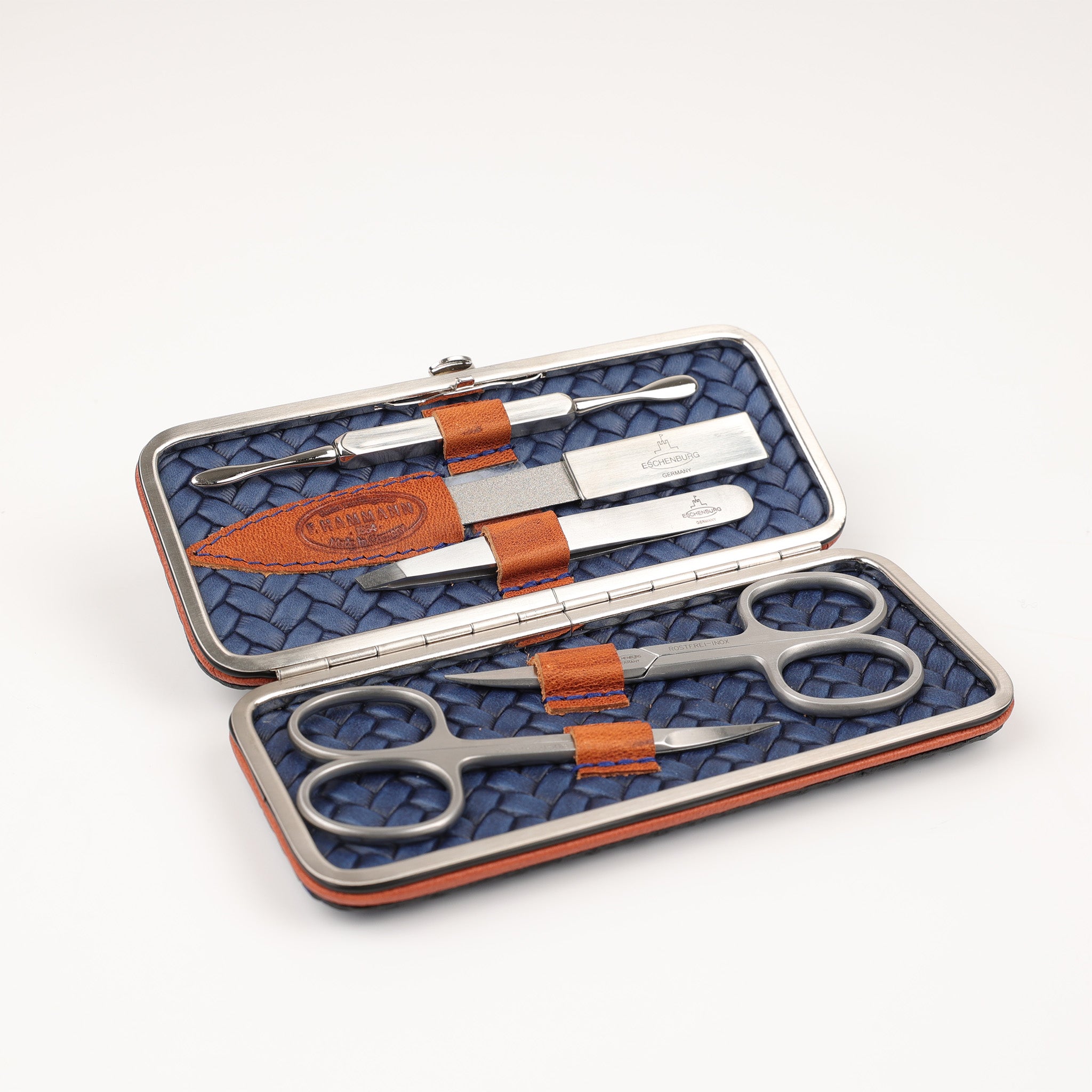 Luxuriöses Maniküre-Set aus italienischem Leder, mit Solingen Nagelschere, Pinzette und Nagelfeile, F. Hammann