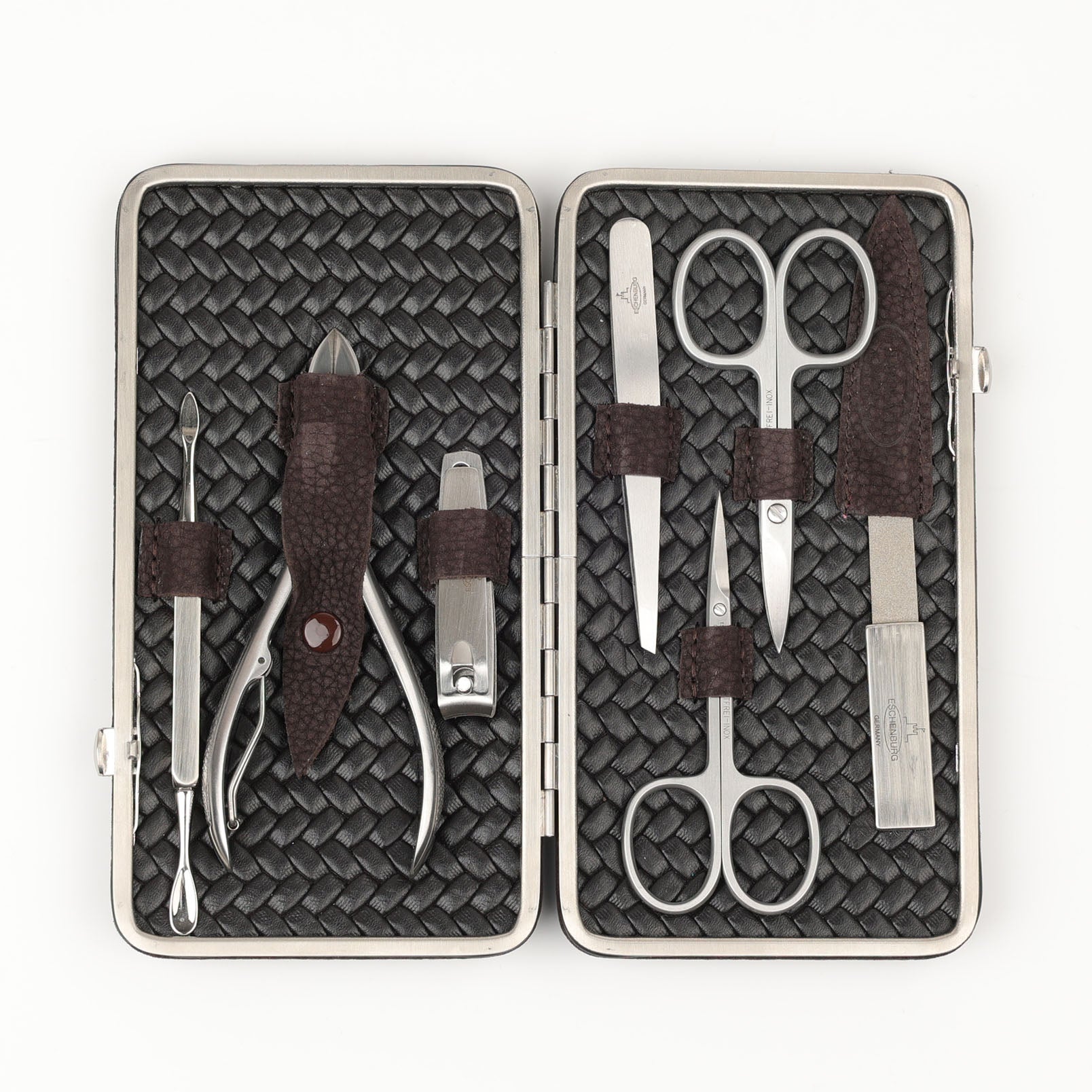 Étui manucure 7 pièces cadre (XL) INOX - tressé brun foncé
