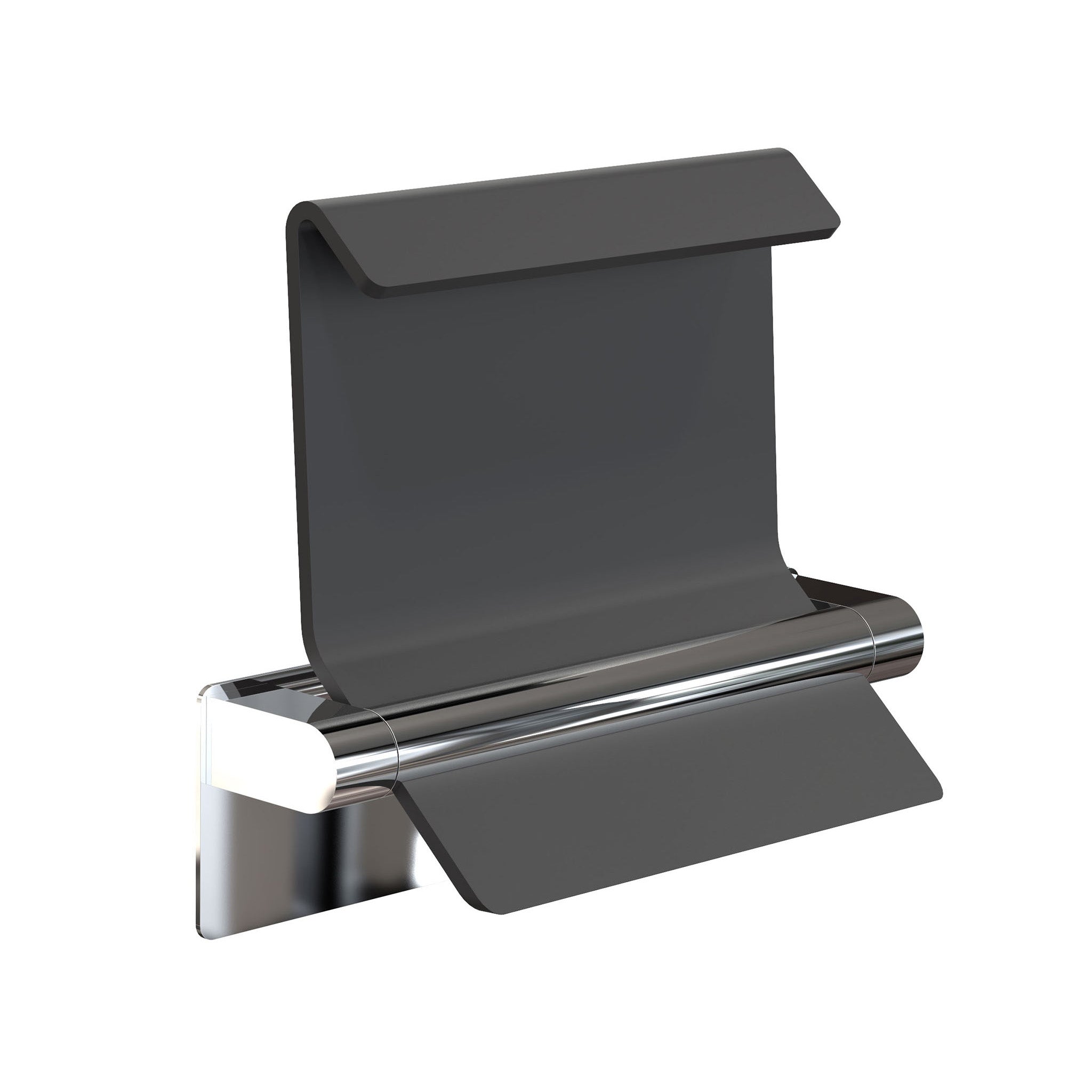 Klappbarer Duschsitz 1963 von Frost Denmark in Edelstahl poliert – eleganter Wandklappsitz für barrierefreie Bäder in Hotellerie und Pflege.