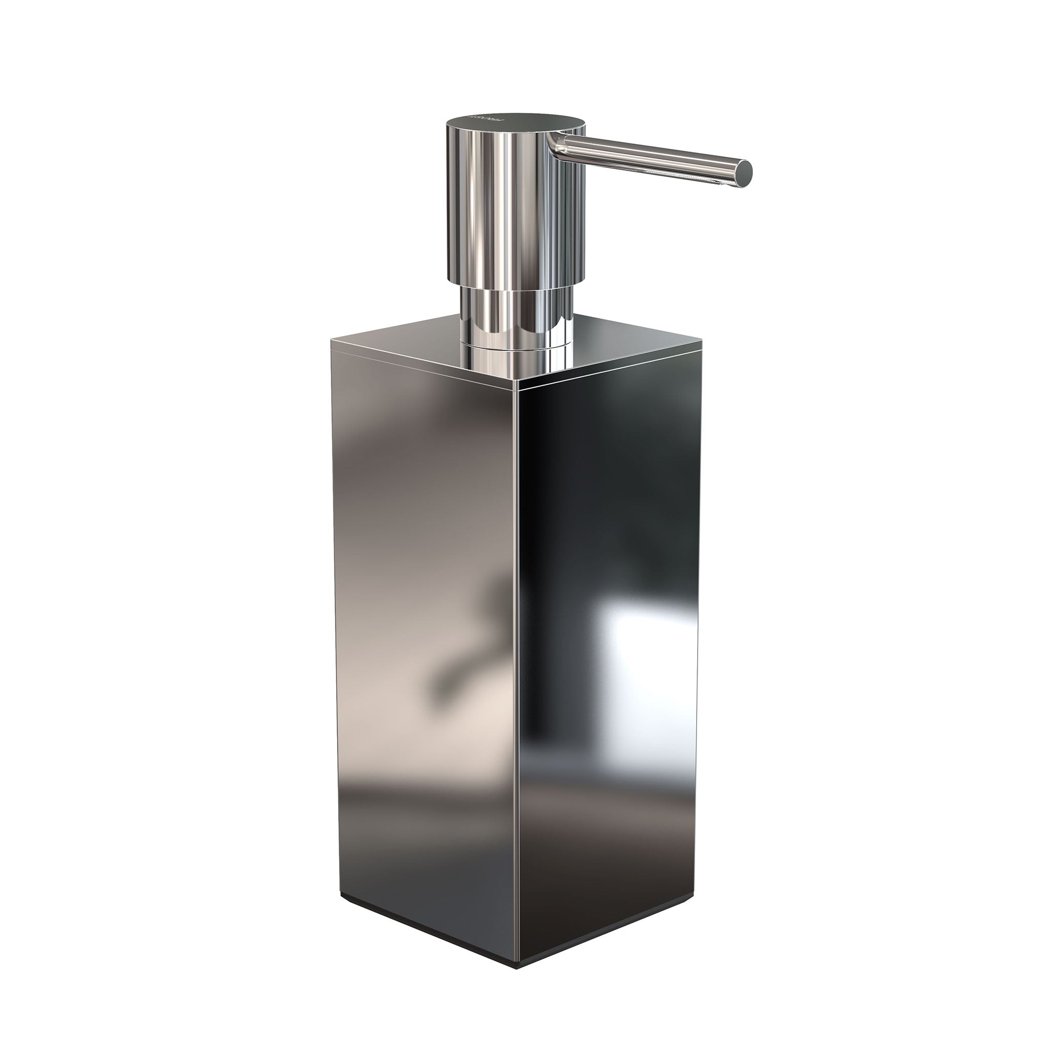 Hochwertiger Seifenspender Quadra von Frost Denmark in Edelstahl poliert – modernes eckiges Design, minimalistischer Look, ideal für stilvolle Badezimmer.