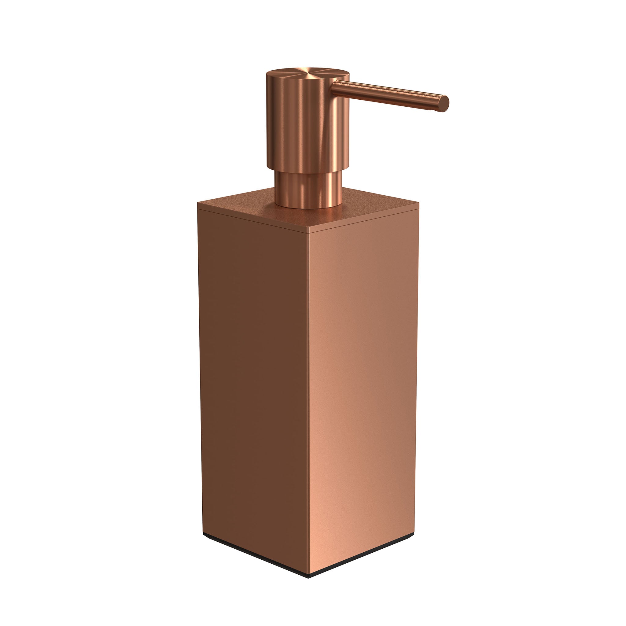 Frost Denmark Quadra Seifenspender in gebürstetem Kupfer – hochwertiges Badaccessoire mit geometrischem Edelstahlkörper.