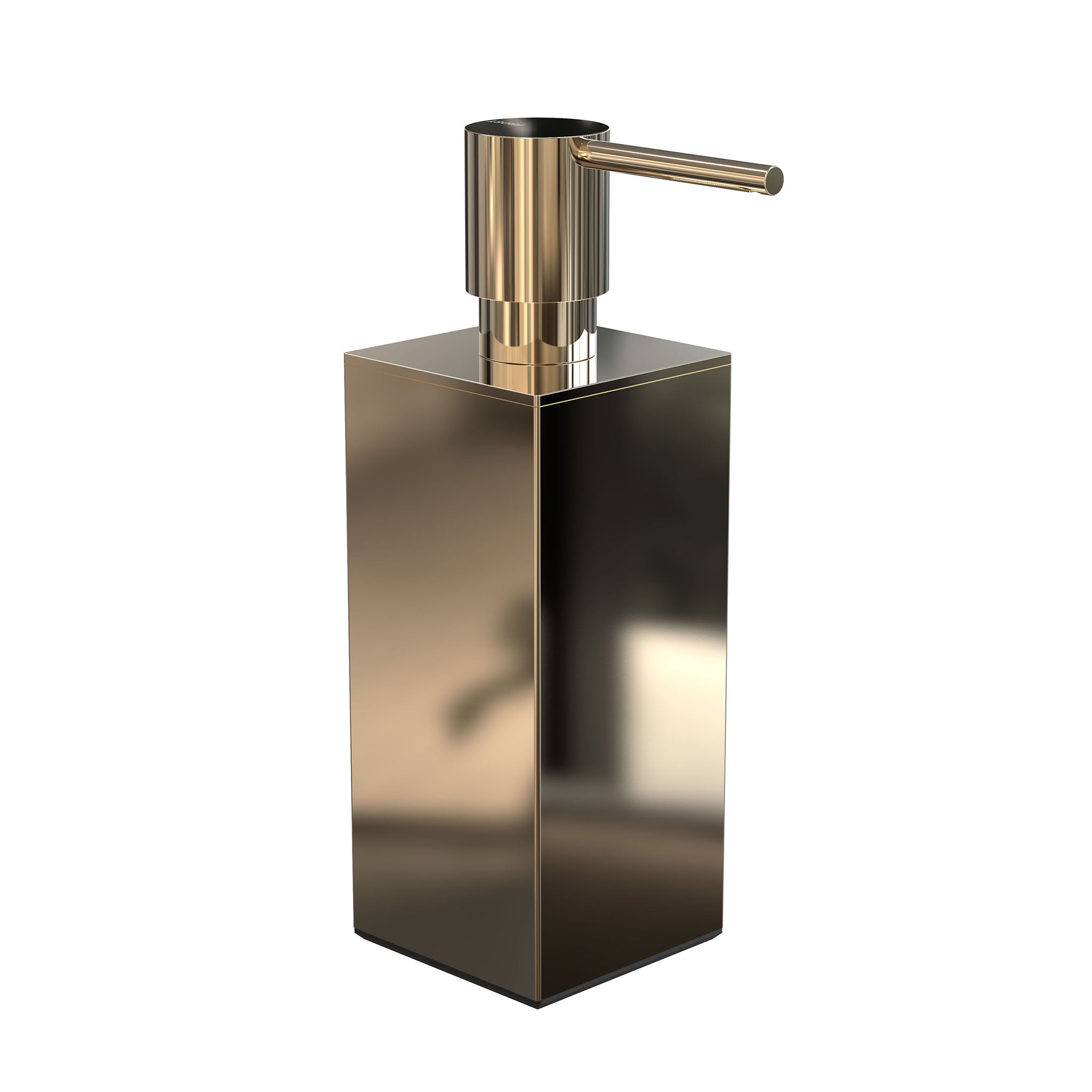 Luxuriöser Seifenspender Quadra in poliertem Gold von Frost Denmark – modernes eckiges Design trifft auf glänzende Oberflächenästhetik.