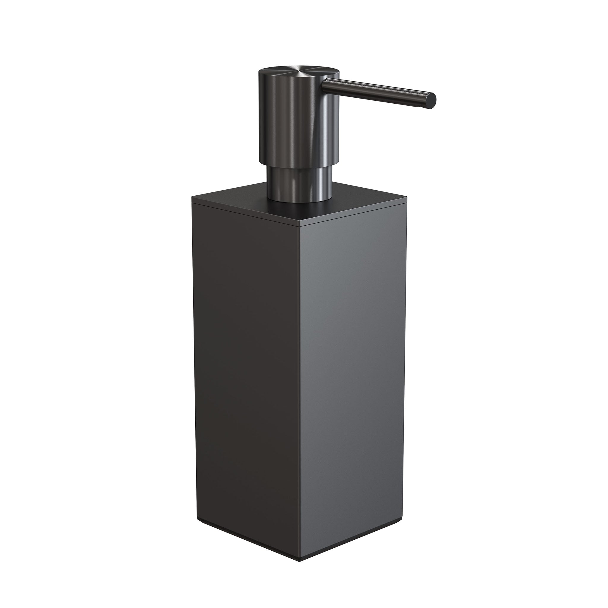 Schwarz gebürsteter Seifenspender 3050 von Frost Denmark – Teil der eckigen Quadra-Kollektion für puristisches Baddesign.