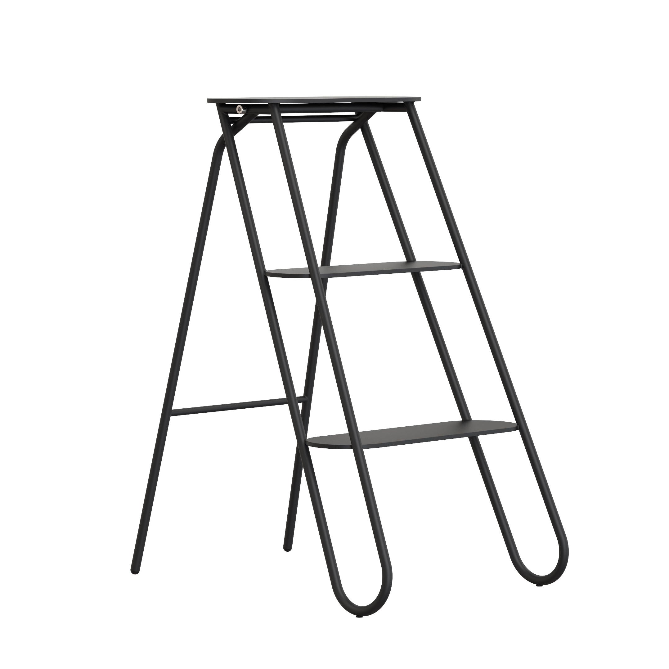 Multifunktionale Design-Trittleiter 6200 aus der Bukto-Kollektion von Frost Denmark – schwarz matt, aus Edelstahl, mit drei Stufen und klappbarem Gestell.
