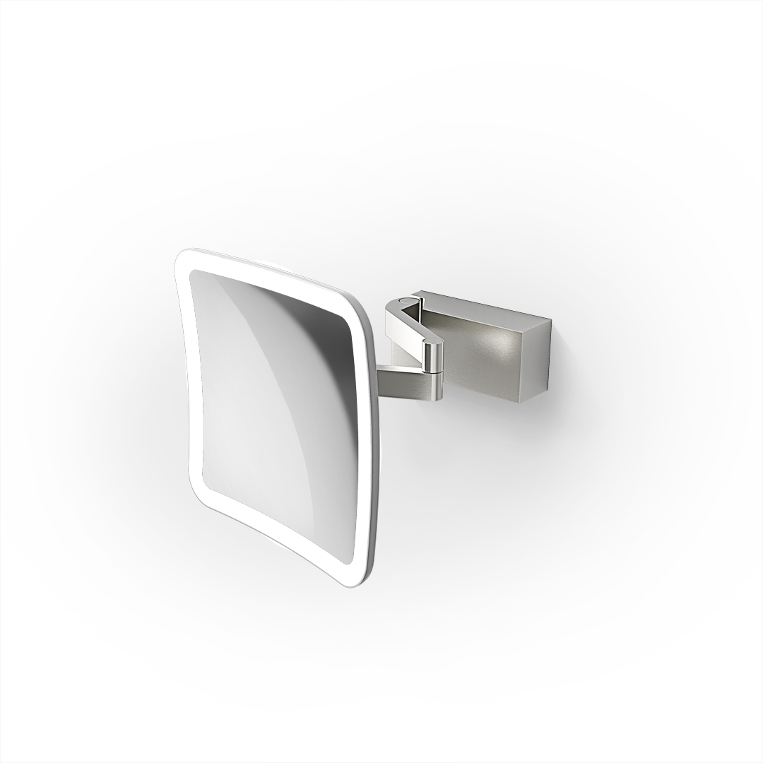 Hochwertiger Vergrößerungsspiegel aus Edelstahl in Matt PVD, zur Wandmontage, ideal für Make-up-Anwendungen und tägliche Pflegerituale, zu kaufen bei Das Feine Bad.