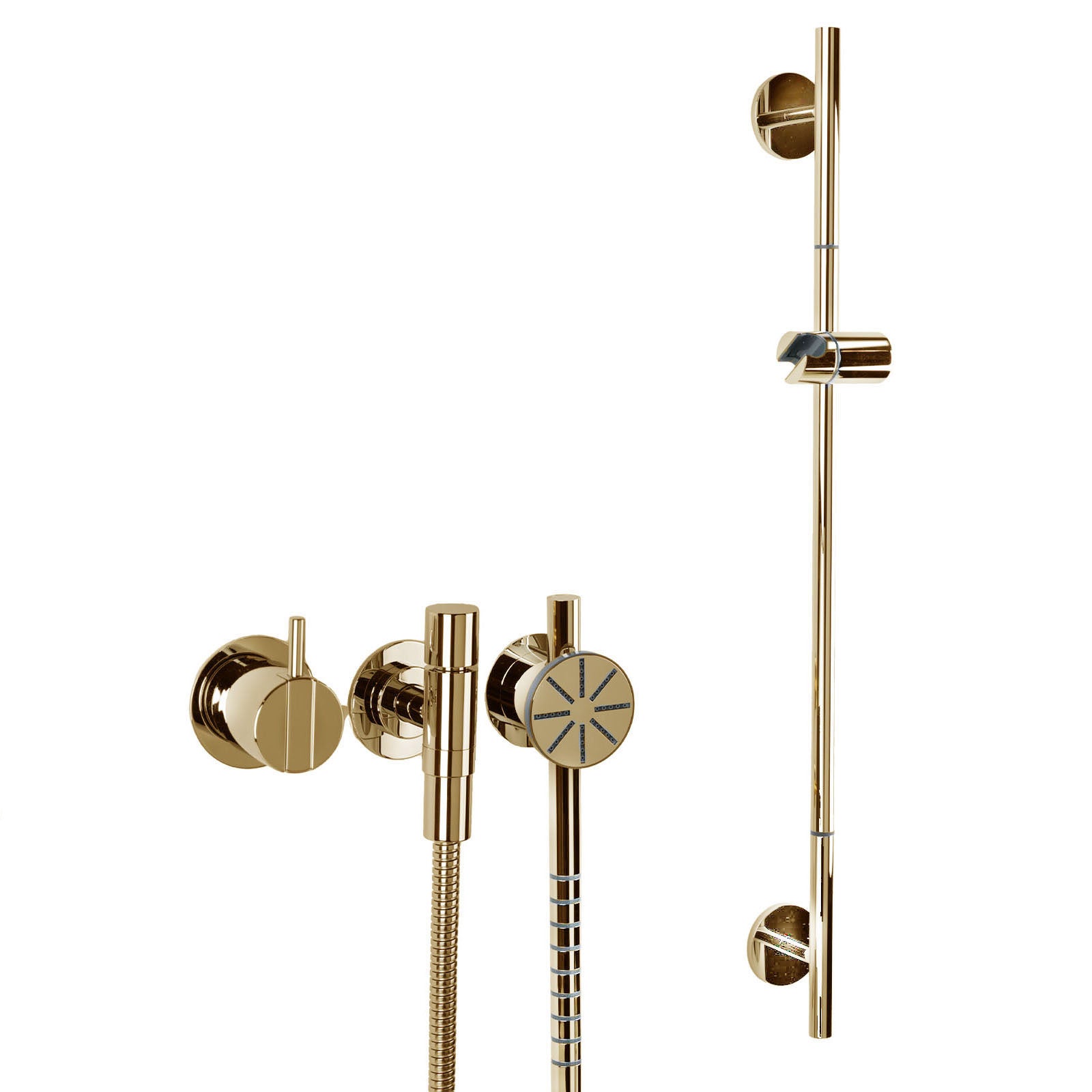 Vola Duschset 2171S-T65 in Messing Natur mit Rundkopf-Handbrause und Brausestange – warmes, unbehandeltes Messing mit natürlicher Patinaentwicklung.