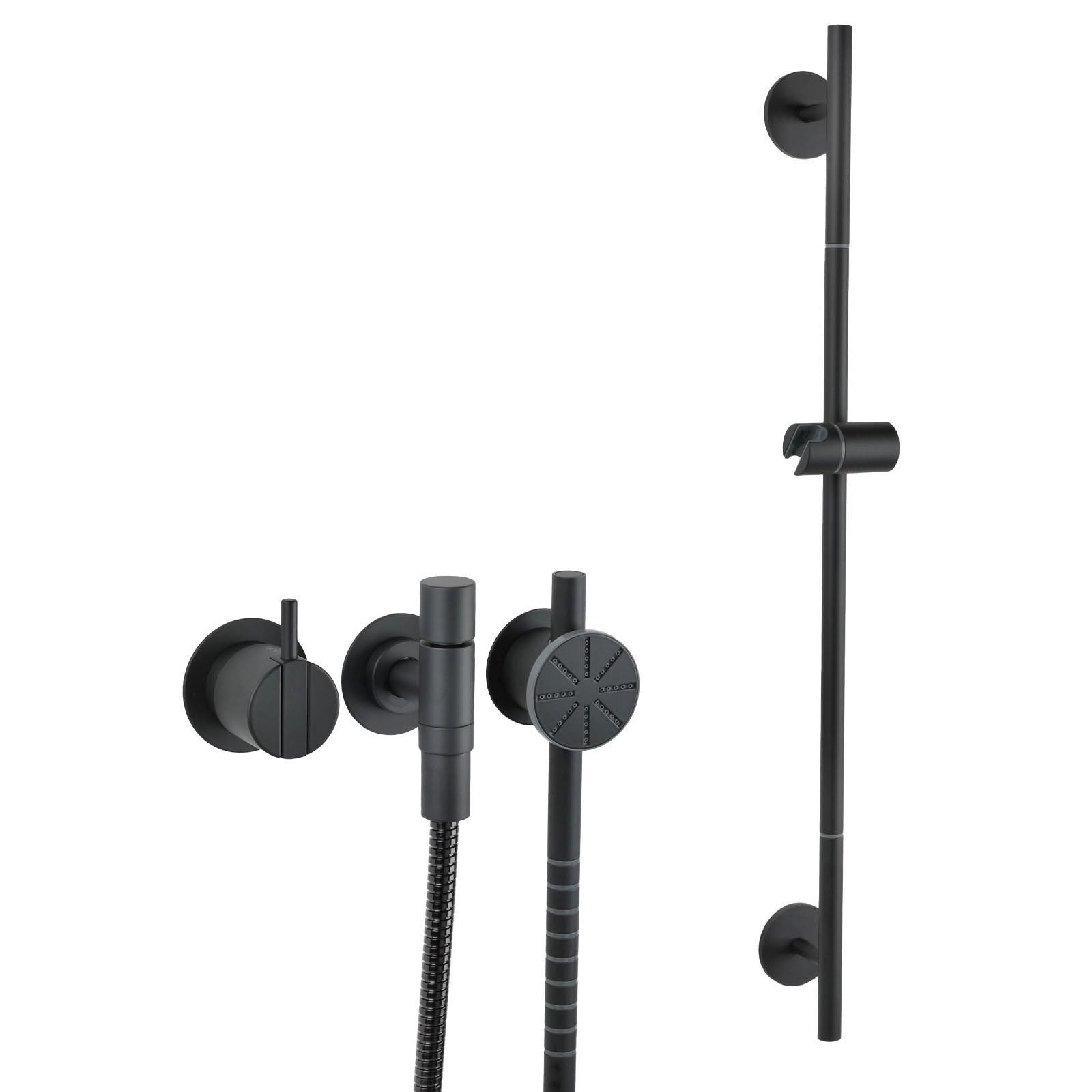 Vola Duschset 2171S-T65 in Schwarz matt mit Rundkopf-Handbrause und stufenloser Brausestange – modernes, tiefschwarzes Finish für minimalistische Badgestaltung.