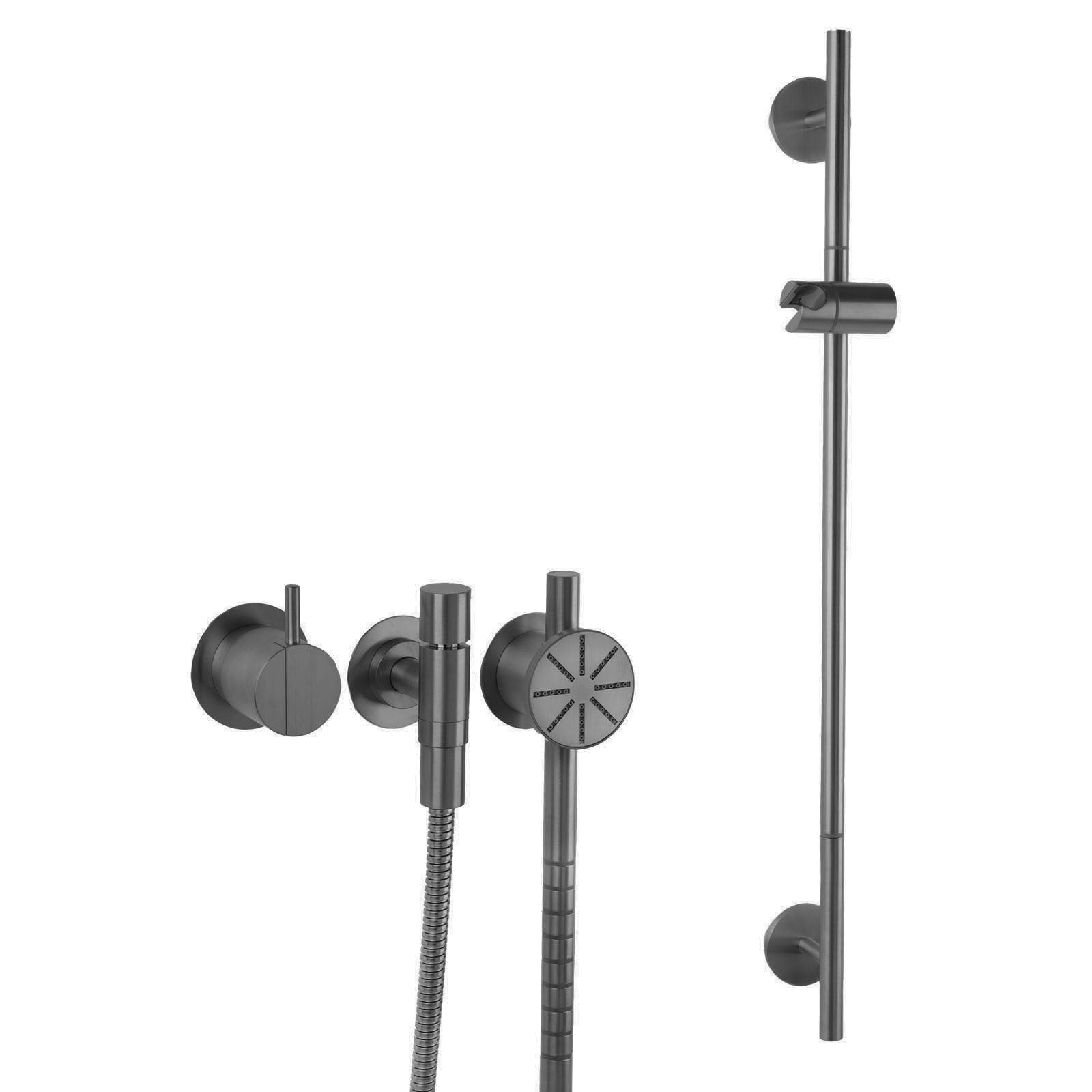 Vola Duschset 2171S-T65 in Schwarz gebürstet mit Rundkopf-Handbrause – edle PVD-Oberfläche mit technisch-modernem Charakter.