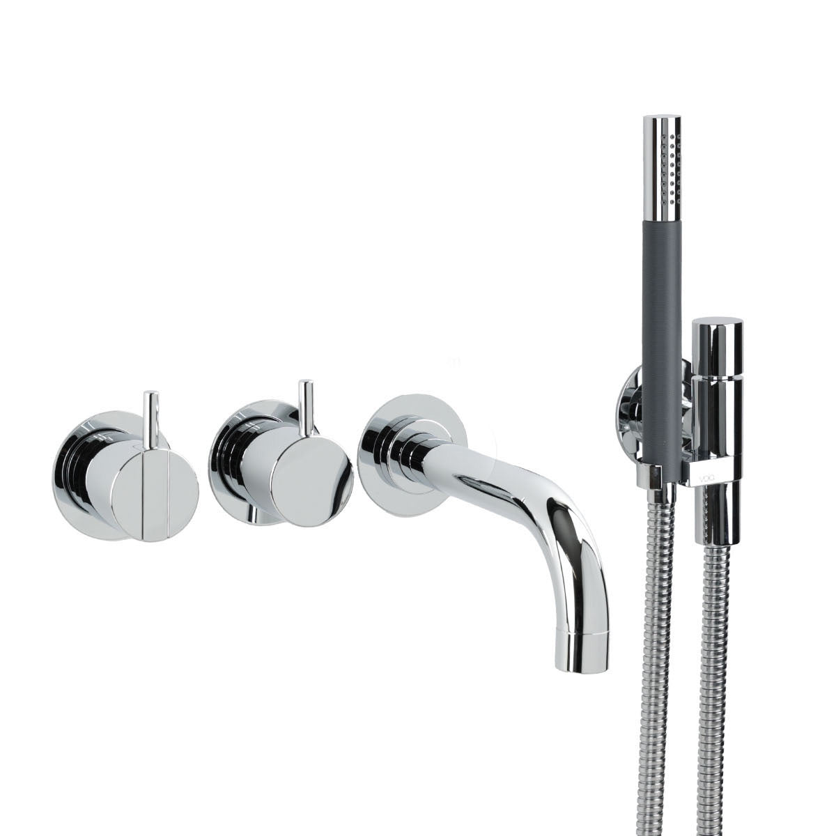 Vola Badewannen-Set 2411C-071 in Chrom mit Wandauslauf, Einhebelmischer und Stabhandbrause, inklusive Umsteller.