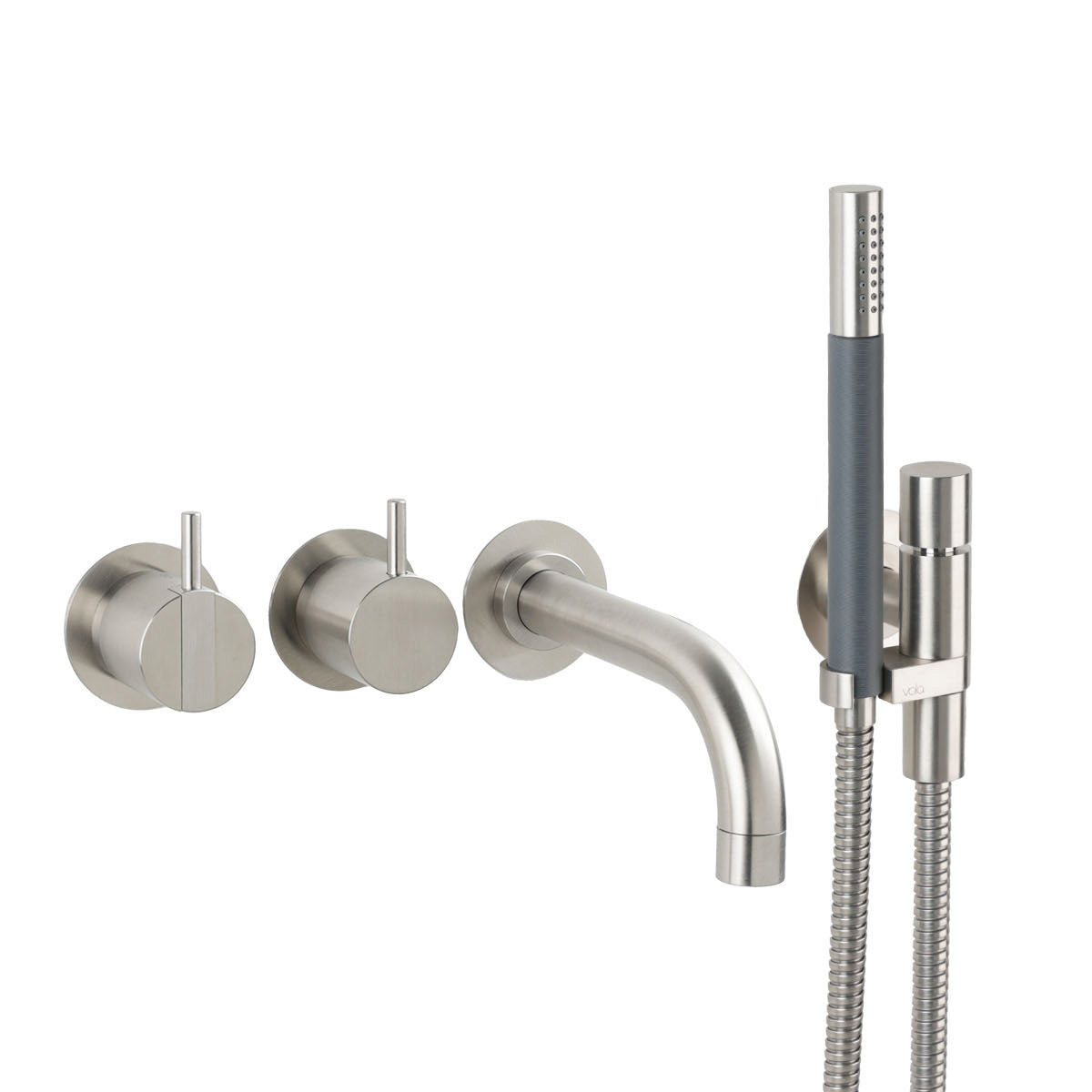 Vola Badewannen-Set 2411C-071 in Edelstahl gebürstet mit gebogenem Wandauslauf, Einhebelmischer und Stabhandbrause.