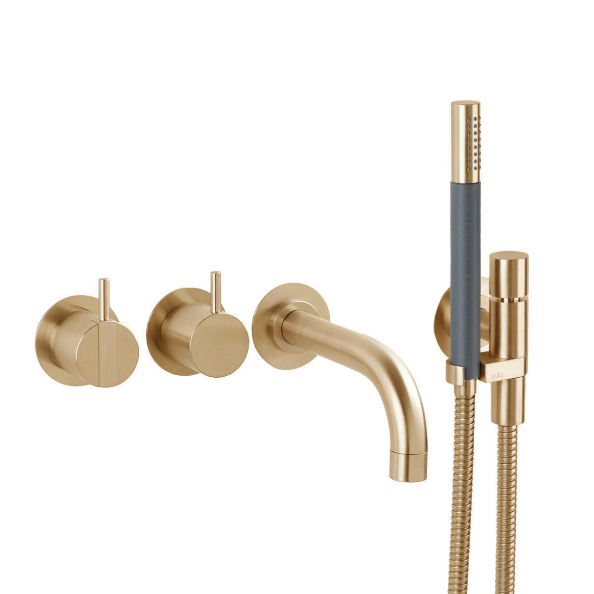 Vola Badewannen-Set 2411C-071 in Gold gebürstet mit luxuriöser PVD-Oberfläche, Einhebelmischer und Stabhandbrause.