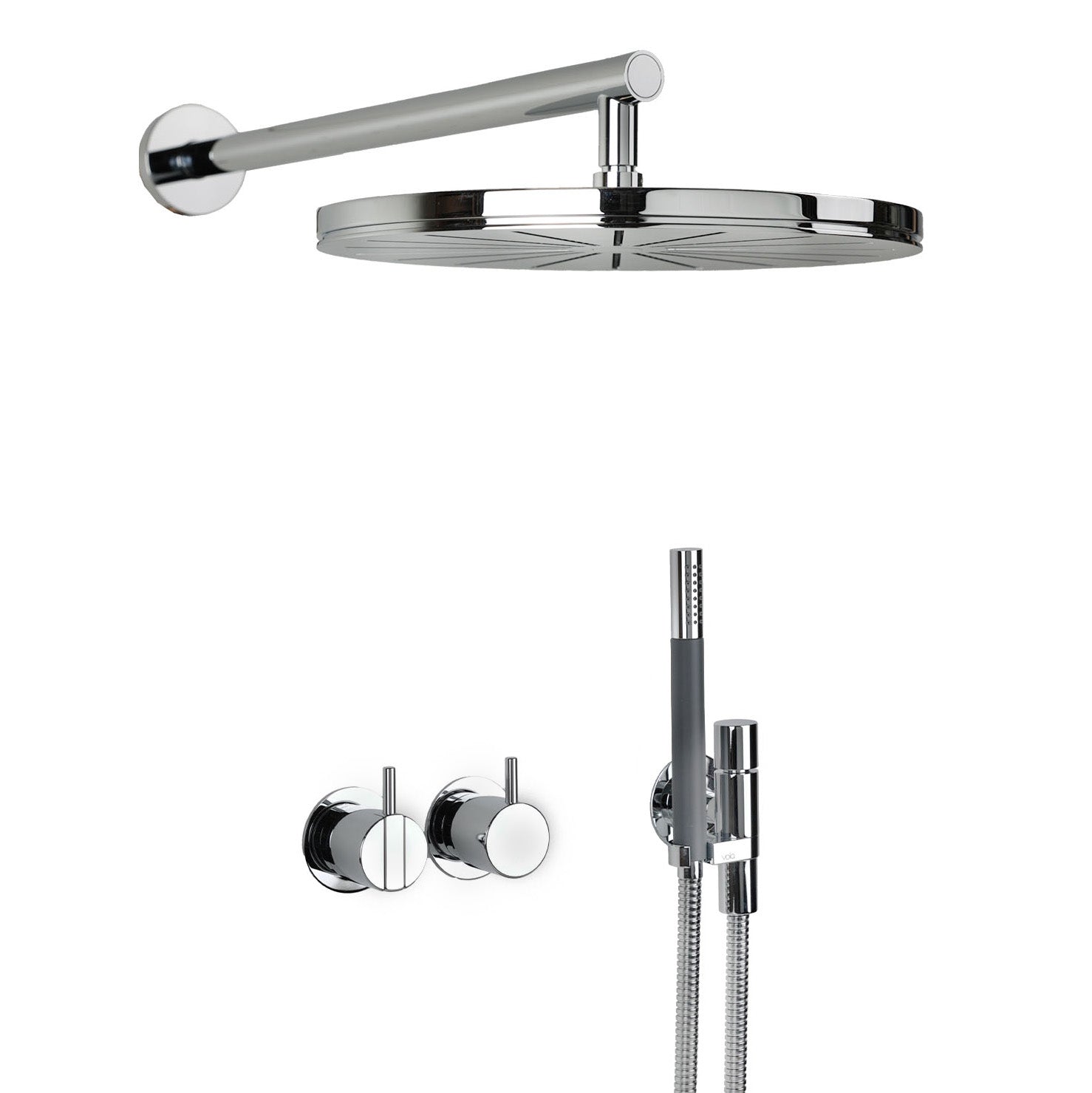 Vola Duschset 2471-061 in Chrom mit großer Regenbrause, Stabhandbrause und Umsteller – glänzende Oberfläche für moderne, hochwertige Duschanlagen.