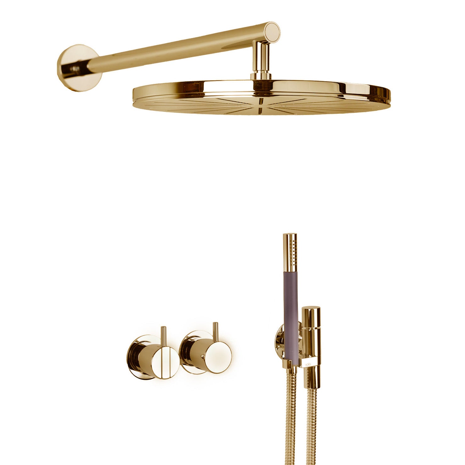 Vola Duschset 2471-061 in Messing Natur mit Regenbrause und Stabhandbrause – warmes, unbehandeltes Messing mit natürlicher Patinaentwicklung.