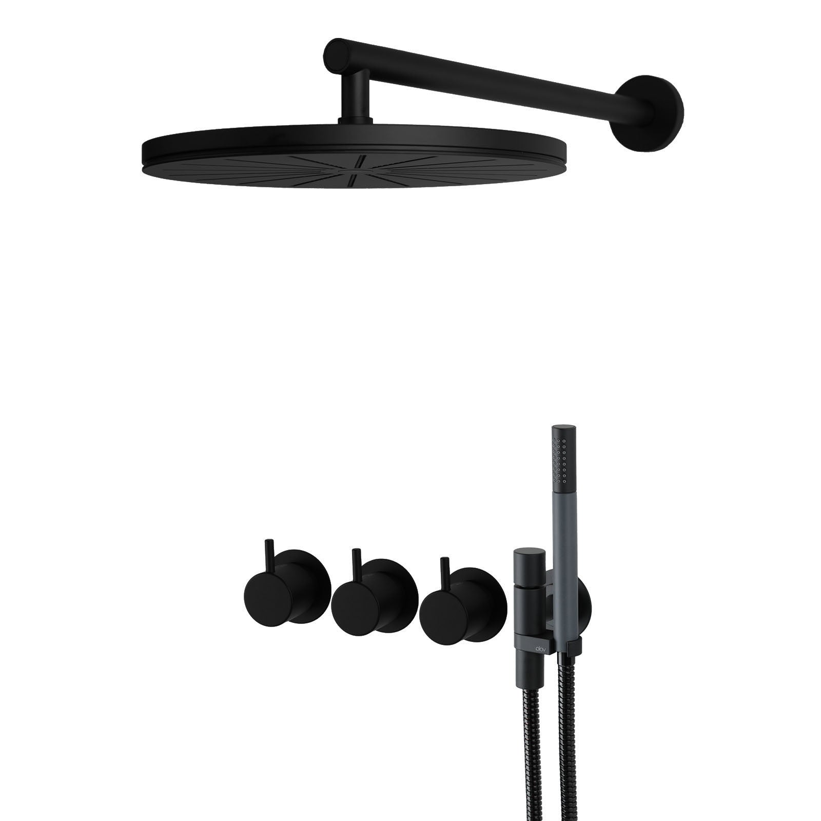 Vola 5471R-061 Thermostat-Duschset in Schwarz matt mit Regenbrause, Stabhandbrause und Umsteller – moderne, tiefmatte Oberfläche.