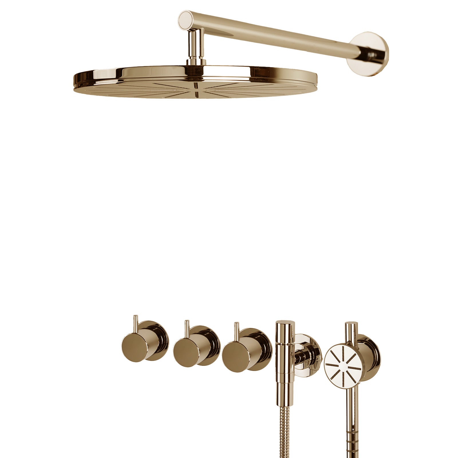 Vola Duschset 5471S-061-19 Messing Natur. Regendusche, Handbrause, Thermostat-Armatur, Umsteller. Unbehandeltes Messing, zeitloses Design. Exakte Einstellung von Wassertemperatur und -menge.