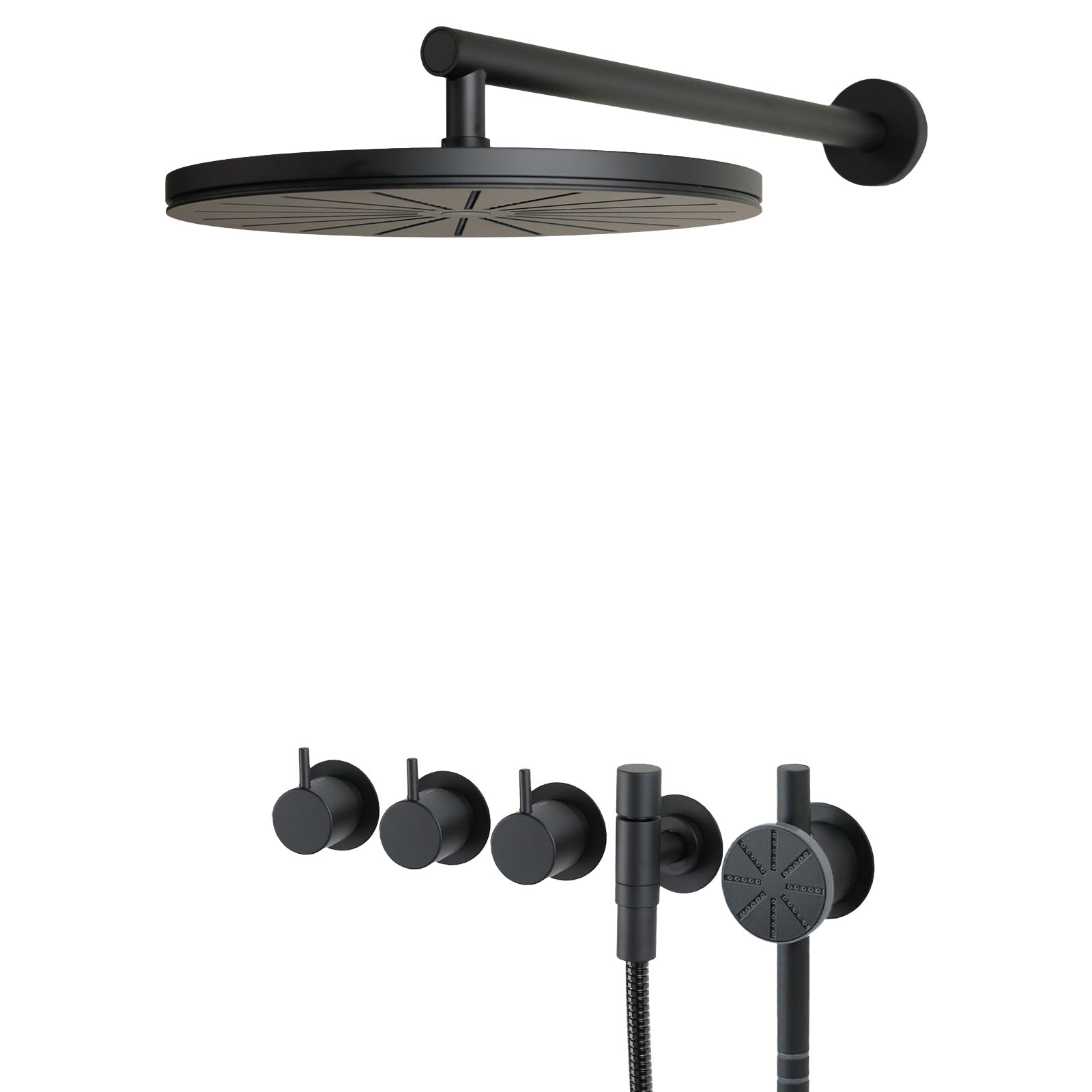 Vola Duschset 5471S-061-27 Schwarz matt. Regenbrausekopf, Handbrause, Thermostatarmatur, Umstellventil. Schwarz beschichtetes Messing, elegantes Design. Präzisionssteuerung für Wassertemperatur und -menge.