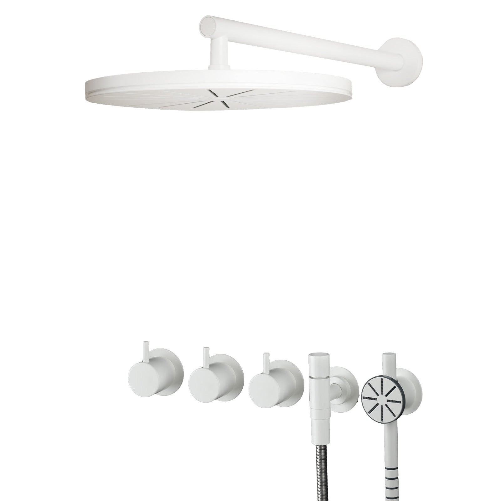 Vola Duschset 5471S-061-28 Weiß matt. Regenkopfbrause, Handbrause, Thermostat-Mischer, Umstellventil. Weiß beschichtetes Messing, modernes Design. Genaue Regulierung von Temperatur und Wassermenge.