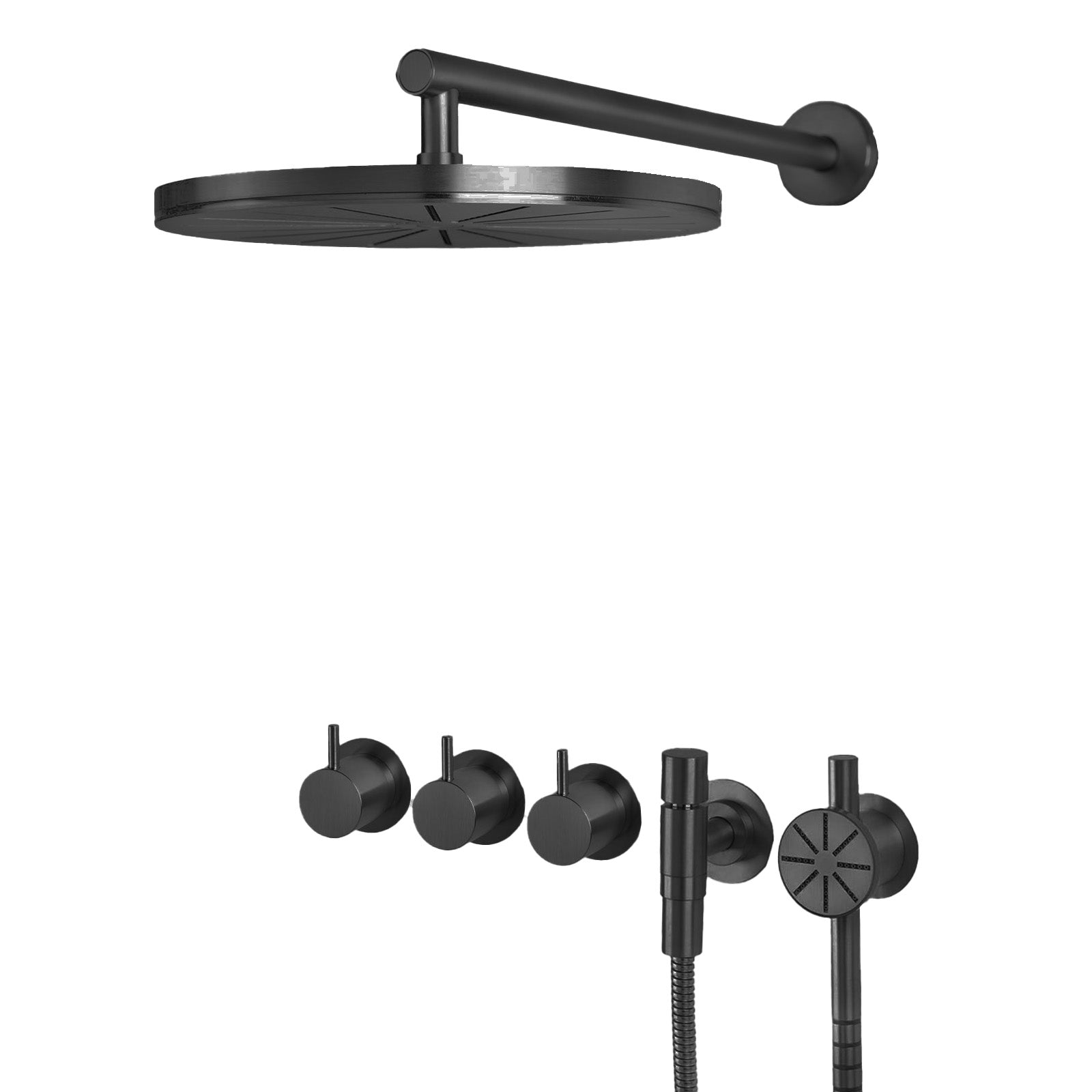 Vola Duschset 5471S-061-61 Schwarz gebürstet. Regenkopfbrause, Handbrause, Thermostat-Mischer, Umschalter. Edelstahl PVD-beschichtet, stilvolles Design.