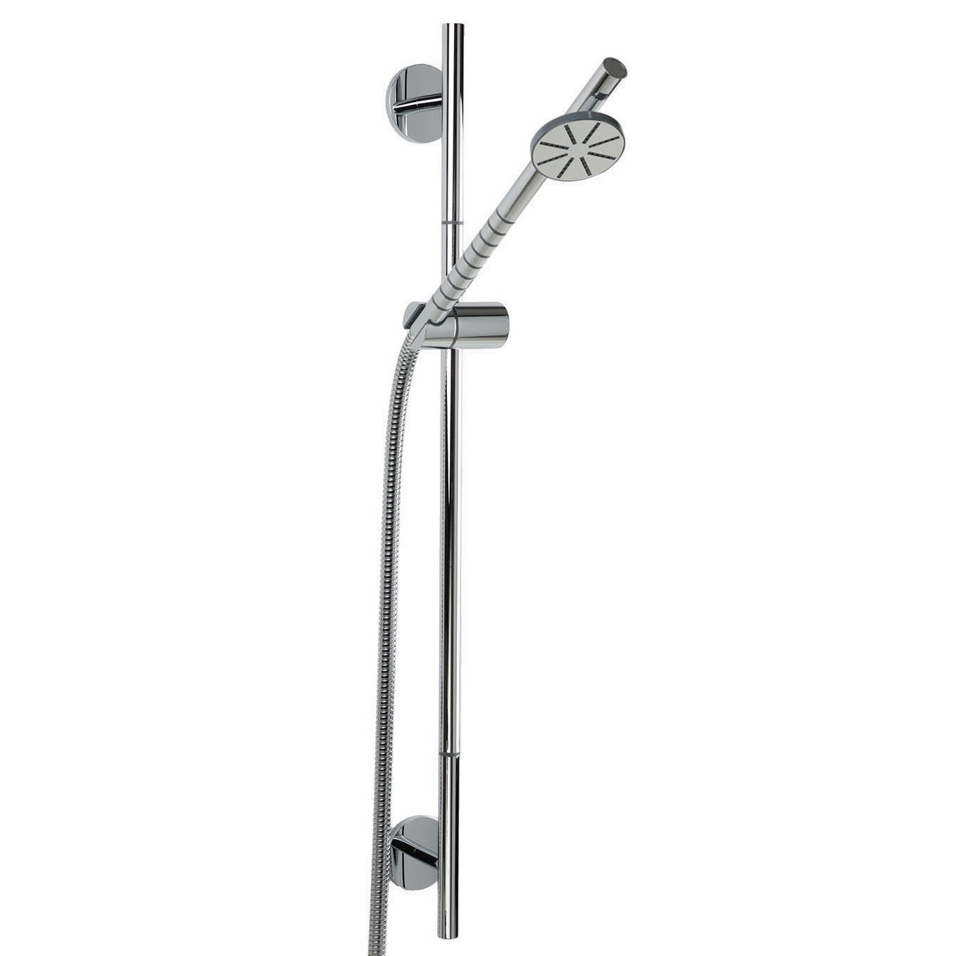 Vola Brauseset T65 in Chrom – komplettes Duschset mit Rundkopfhandbrause, Brausestange und Schlauch aus verchromtem Messing für elegantes Baddesign.