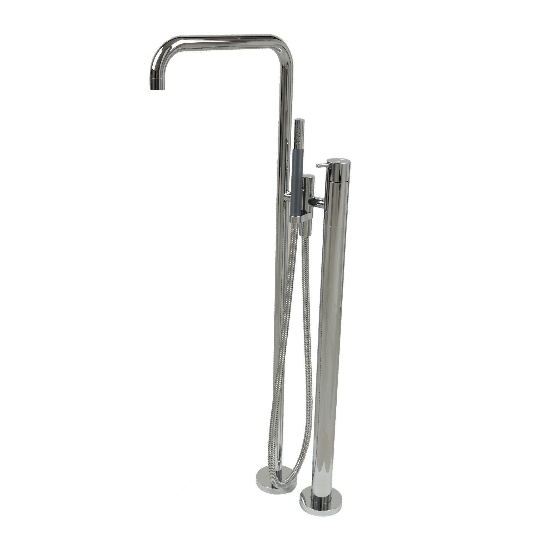 Freistehende Vola Armatur FS1 in Chrom mit elegantem Auslauf und integrierter Stabhandbrause.