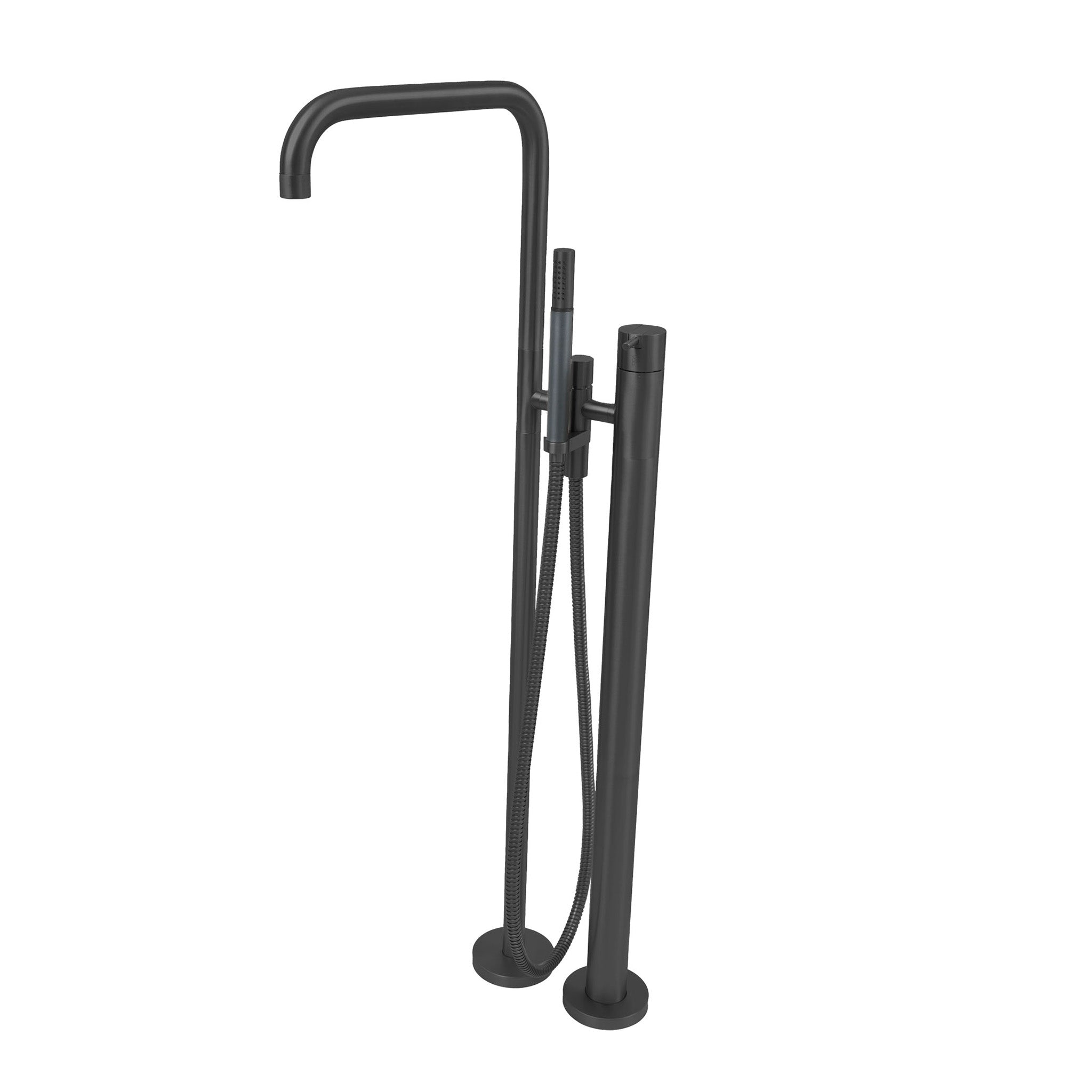 Vola FS1 freistehende Wannenstandarmatur in Schwarz gebürstet mit Handbrause und Einhebelmischer.