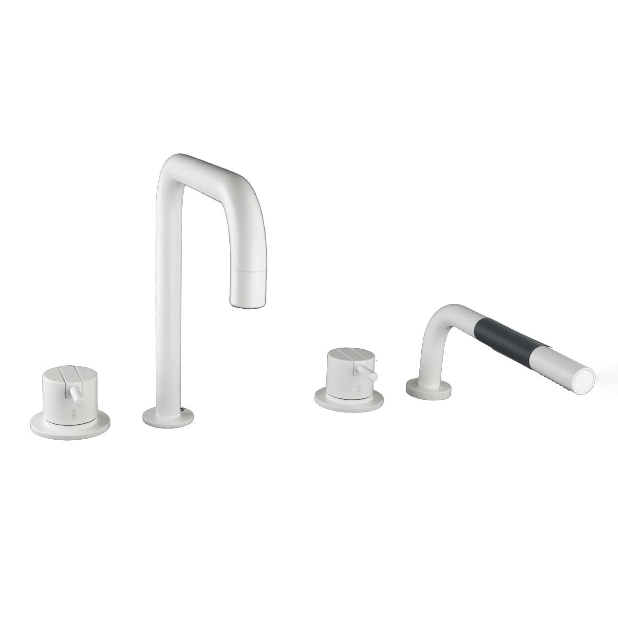 Elegante Badewannenlösung Vola SC10 in Weiß matt, ausgestattet mit zwei Bedienhebeln und einer versenkbaren Handbrause.