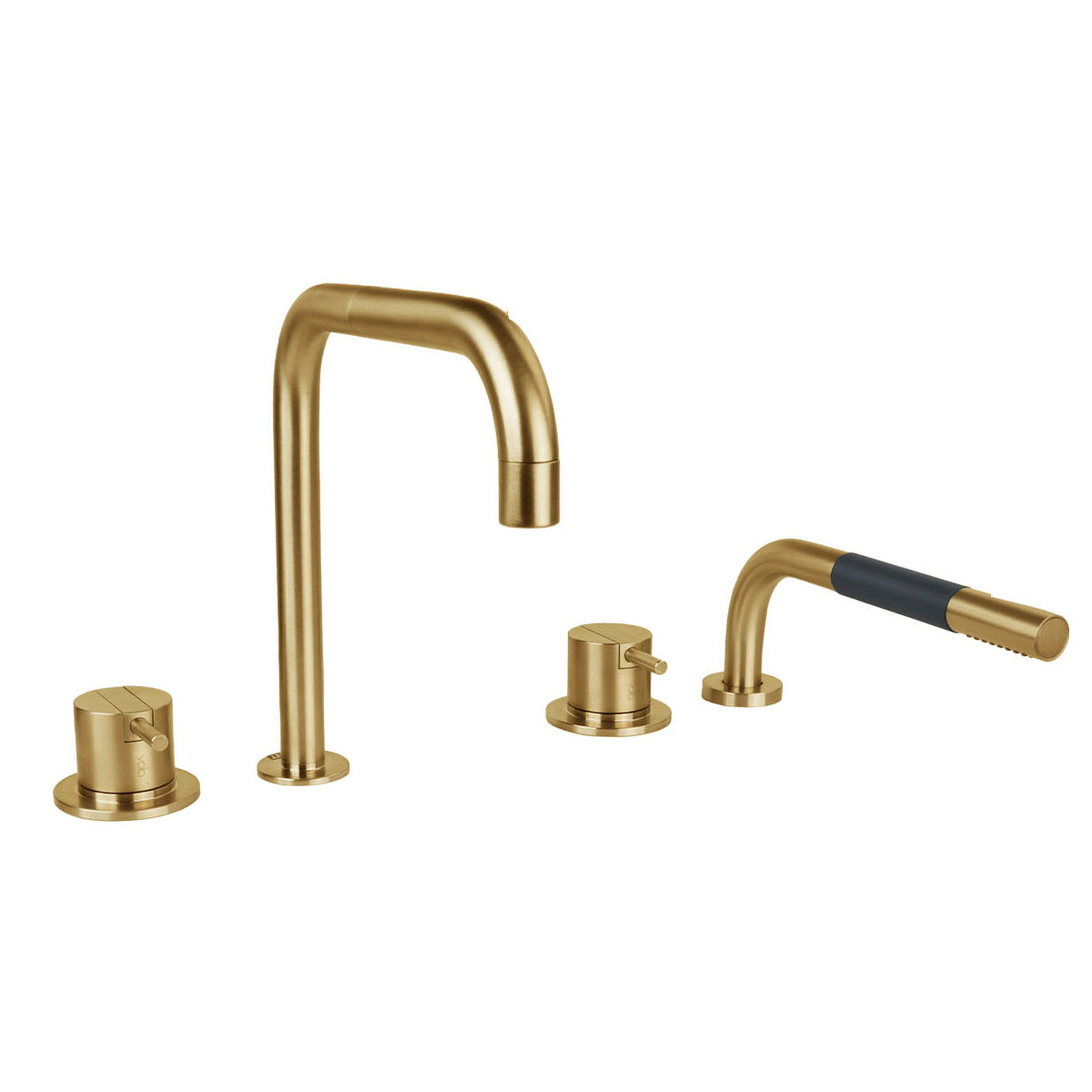 Vola SC10 Armatur für die Badewanne in gebürstetem Gold mit zwei Bediengriffen und versenkbarer Handbrause.