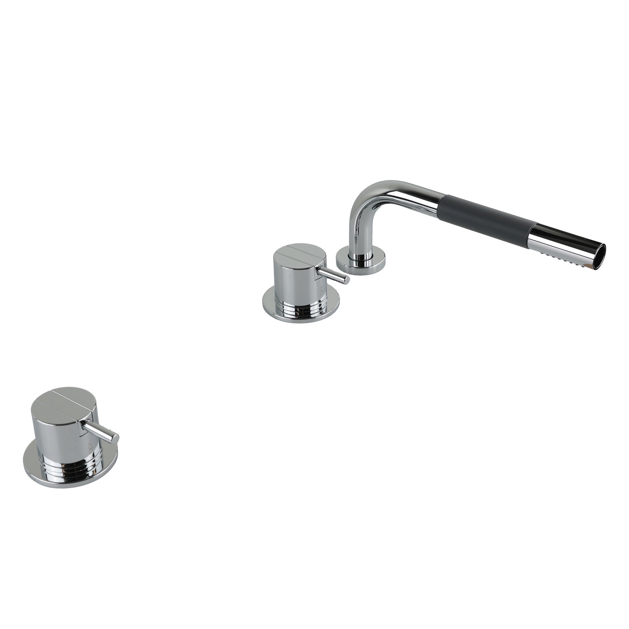 Elegante Vola SC3 Badewannenarmatur in Chrom mit zwei Einhebelmischern und versenkbarer Stabhandbrause, ideal für Wannen mit Befüllung über die Garnitur.