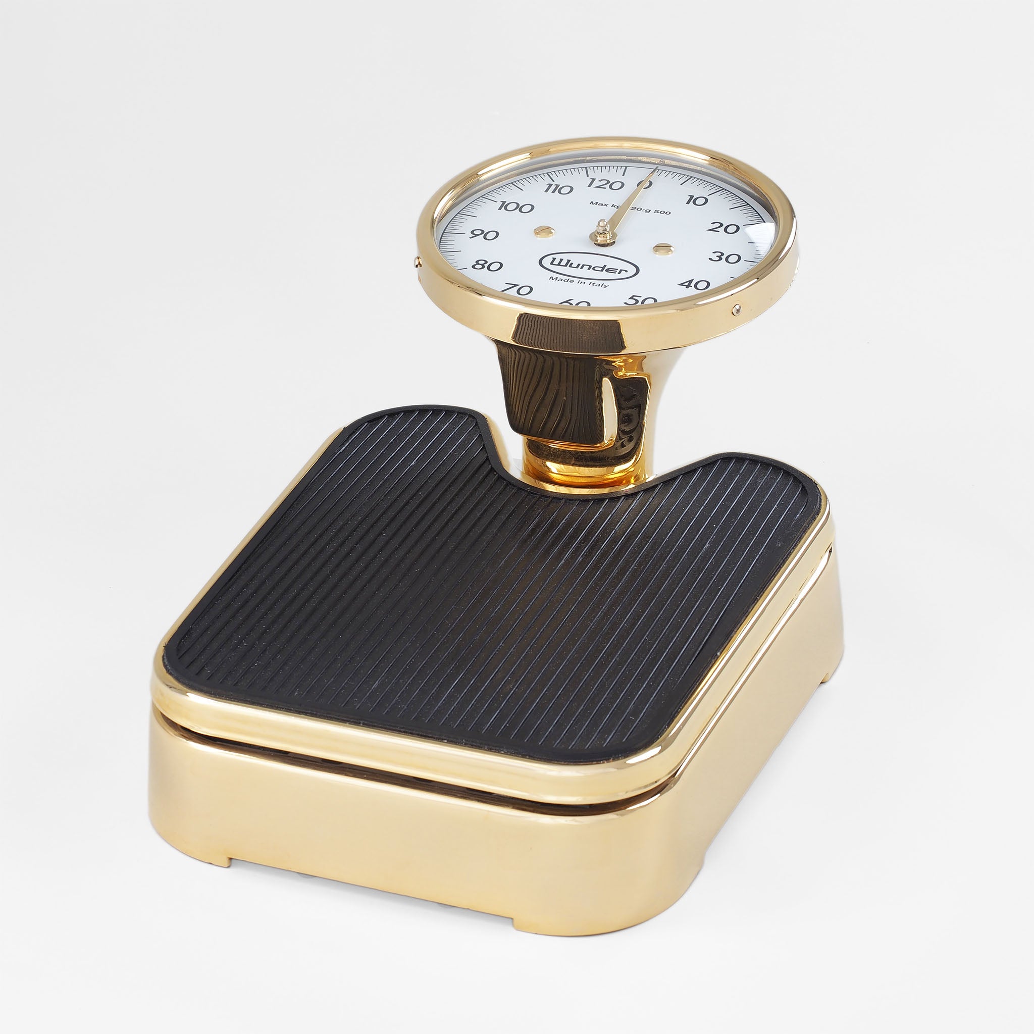 Luxus Waage von Wunder in Gold mit rein mechanischer Wiegetechnik, schwerem Metallgehäuse und großem Rundzifferblatt, handgefertigt in Italien