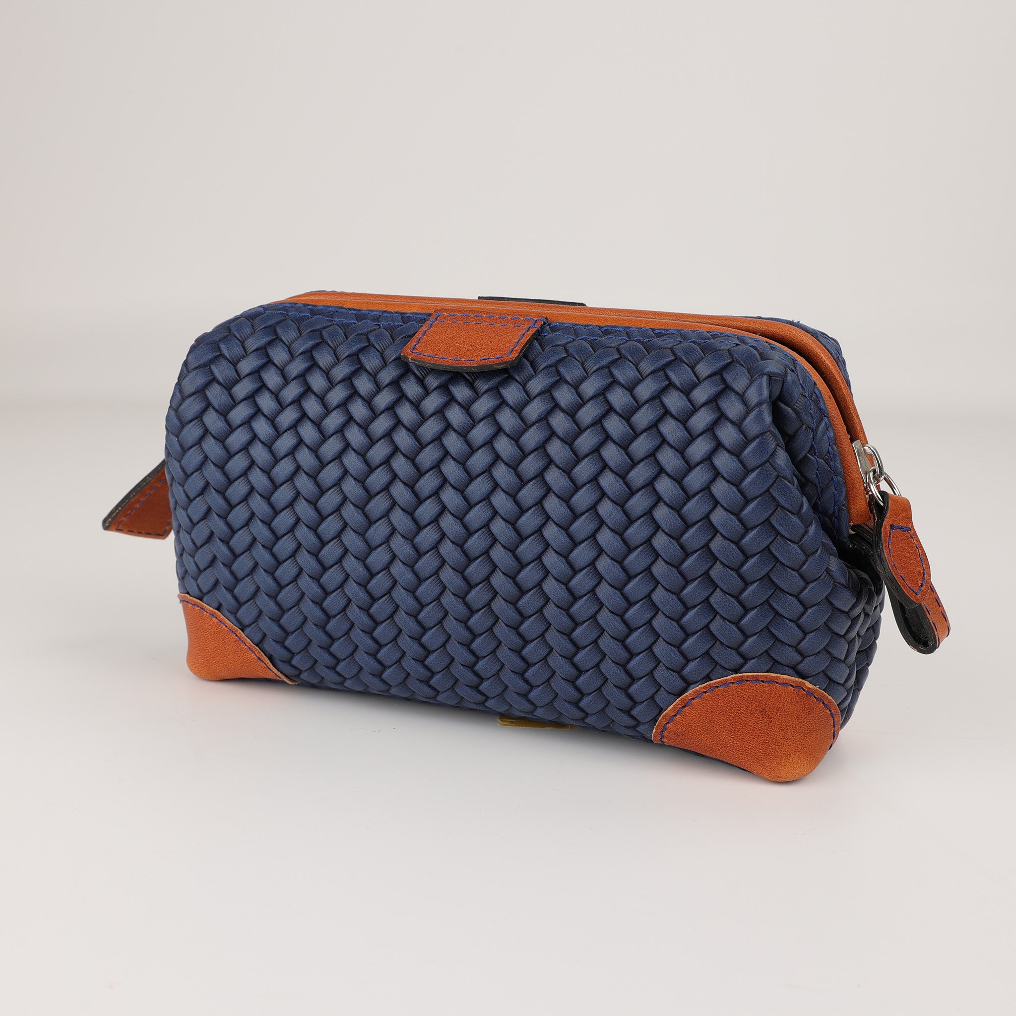 Eleganter Kulturbeutel Flecht Blau/Coxorange aus handgefertigtem Chervo Leder FHammann
