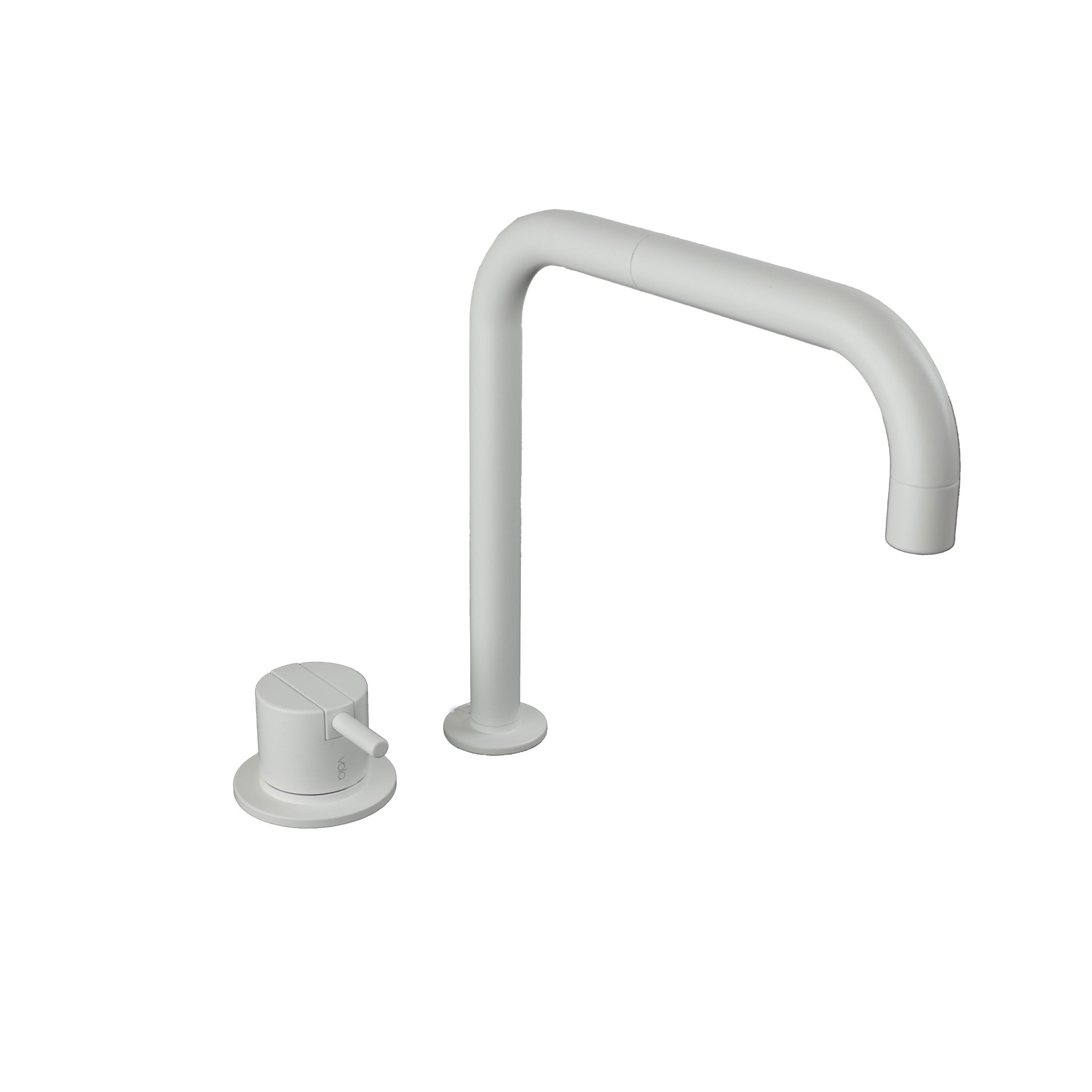 Vola Armatur 590 in Weiss matt, puristische Waschtischarmatur mit klarer Geometrie und skandinavischer Formsprache.