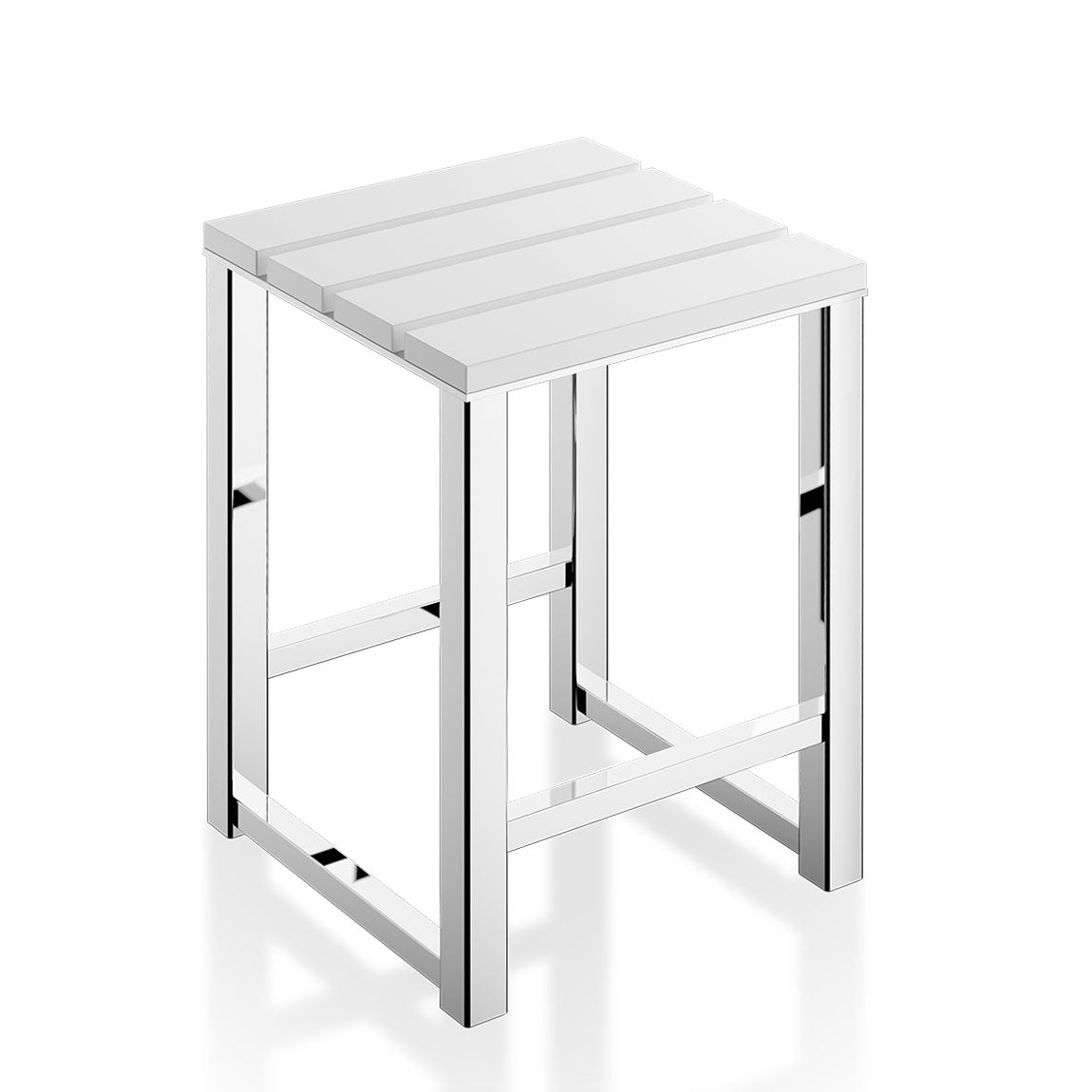 Eleganter Sitzhocker DW68 von Decor Walther mit weiß lackierter Holzsitzfläche und poliertem Edelstahlgestell – stilvoll, pflegeleicht und rutschfest für Bad oder Schlafzimmer.