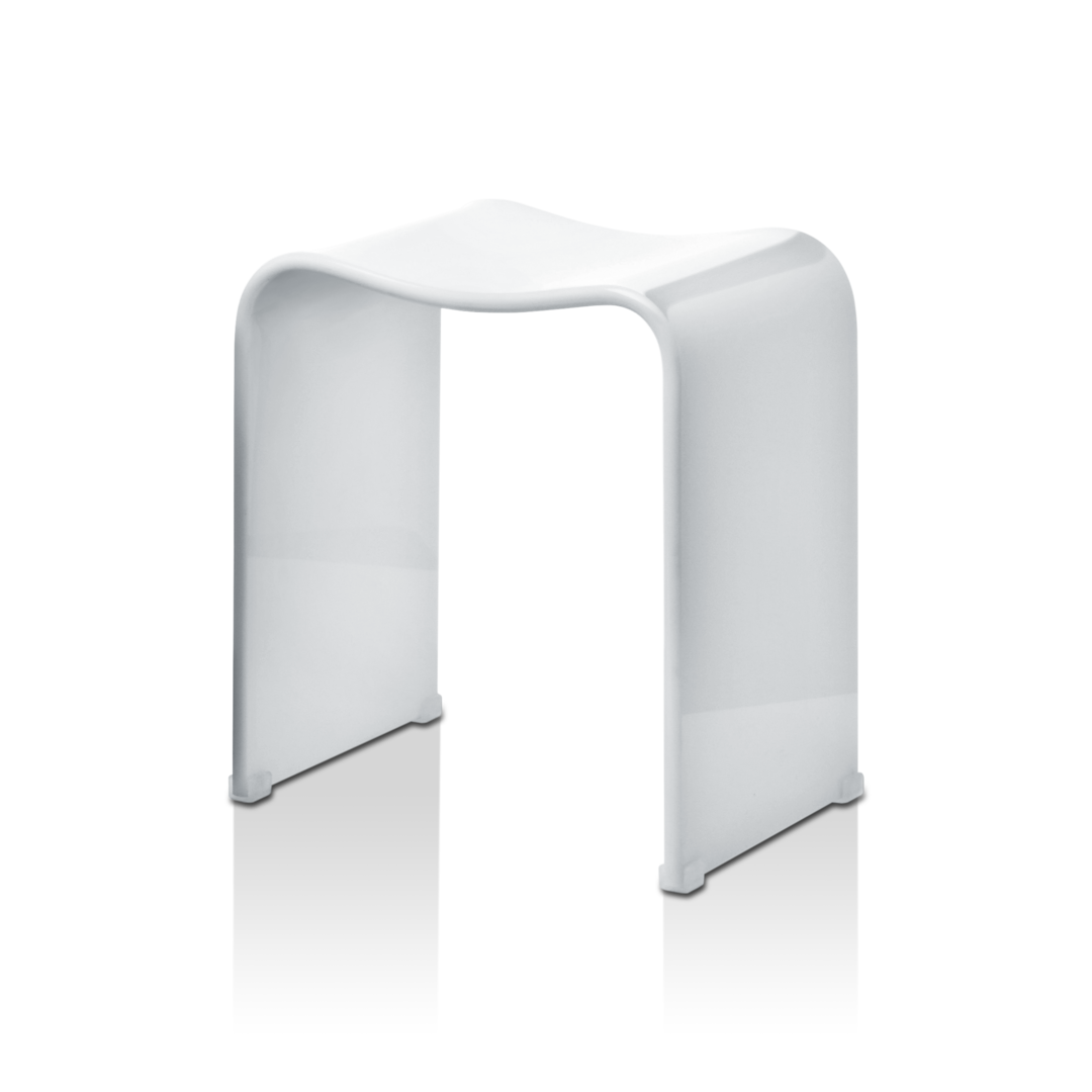 Moderner Badhocker DW80 von Decor Walther aus weiß glänzendem Acryl – ergonomisch geformt, wasserfest und ideal für Bad, Dusche oder Sauna.