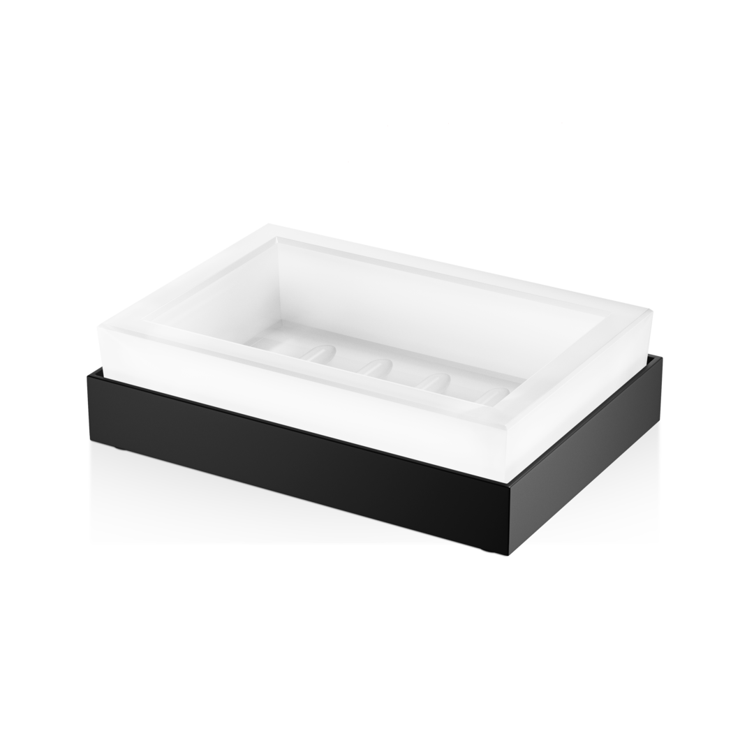 Moderne CO STS Seifenschale in mattem Schwarz, robuste Messingkonstruktion mit satiniertem Glas, leicht zu säubern, fügt sich nahtlos in zeitgenössische Badezimmerdesigns ein