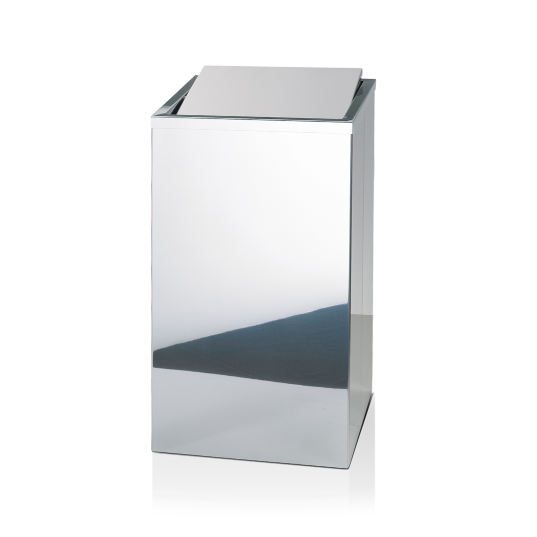 Hochwertiger eckiger Wäschebehälter mit komfortablem Schwingdeckel von Decor Walther in poliertem Edelstahl - großvolumige Wäschebox mit glänzender Oberfläche für eine hygienische Wäscheorganisation im Badezimmer