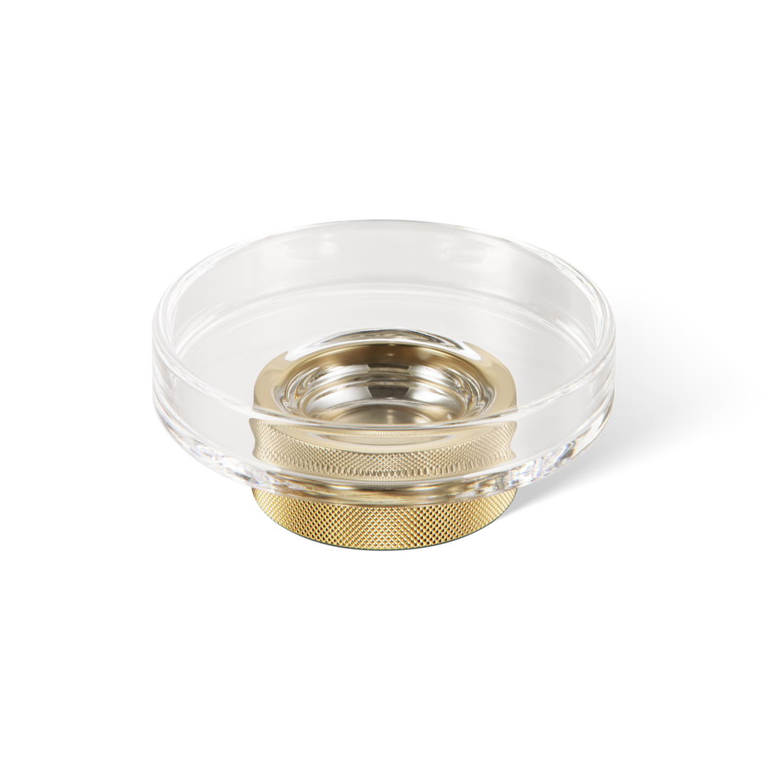 Luxuriöse Seifenbehälter in Gold 24 Karat auf klarem Kristallglas, hochwertige Handseifenschale für das Luxus-Bad.