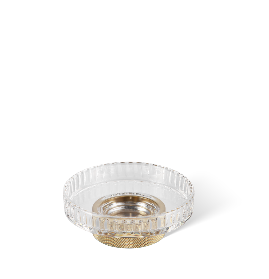 Luxuriöser Seifenbehälter in Gold 24 Karat mit geschliffenem Kristallglas, für ein dekoratives Badezimmer-Design.