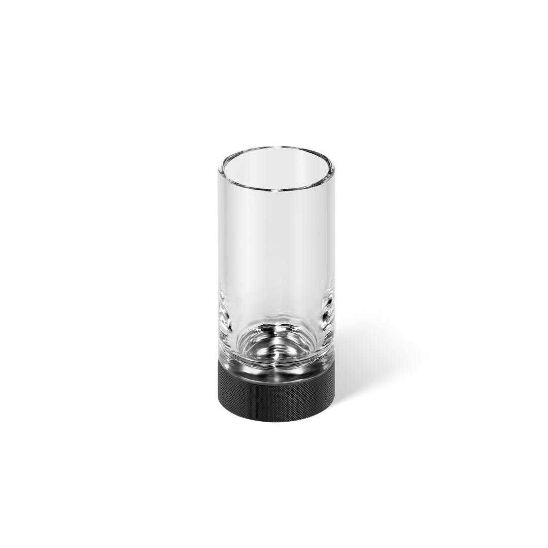 Modernes Design des Zahnputzbechers in Schwarz mit klarem Kristallglas, perfekt für stilvolle Badinterieurs.