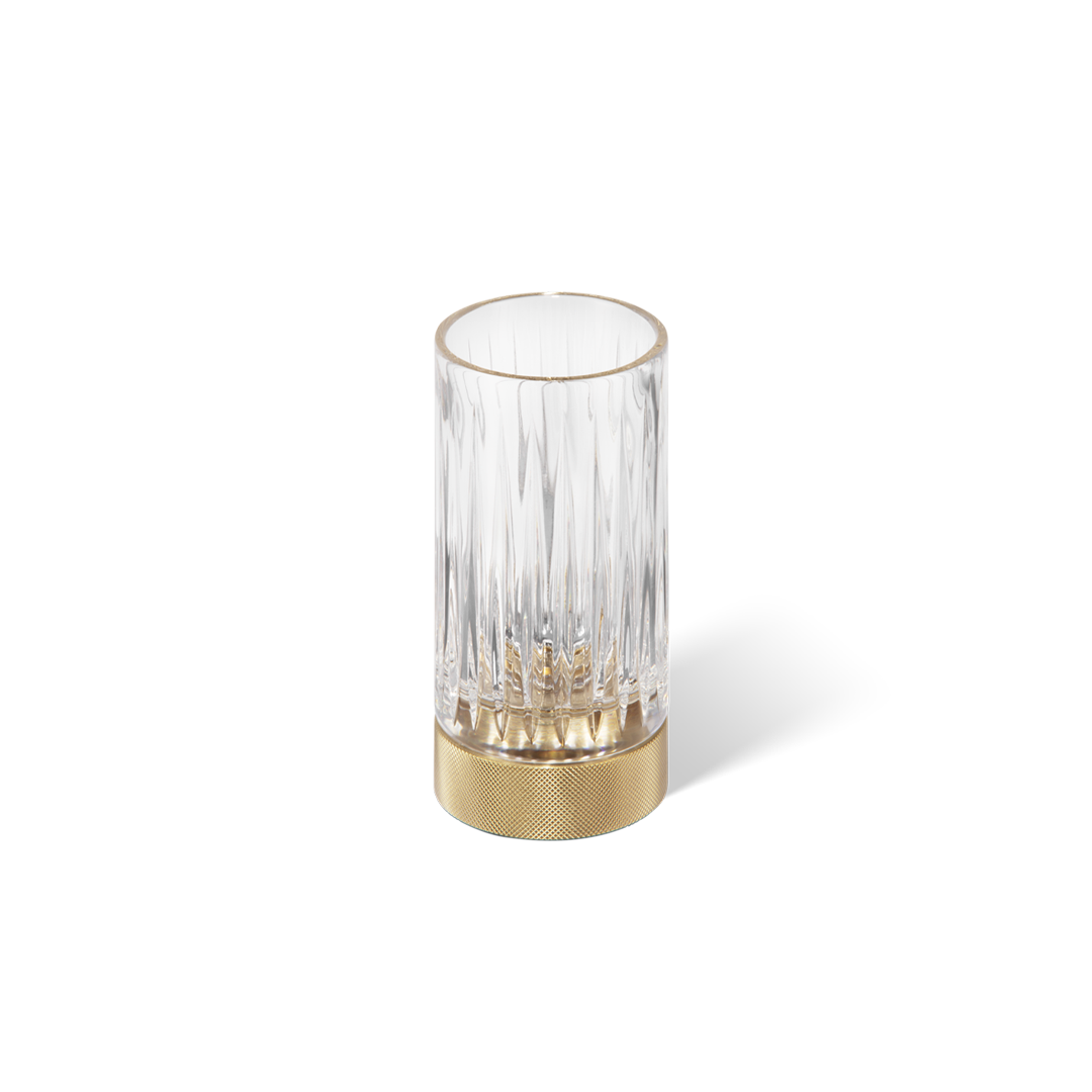 Edler Zahnputzbecher in mattem Gold (24 Karat) und geschliffenem Kristallglas, perfekt für luxuriöse Badezimmergestaltungen.