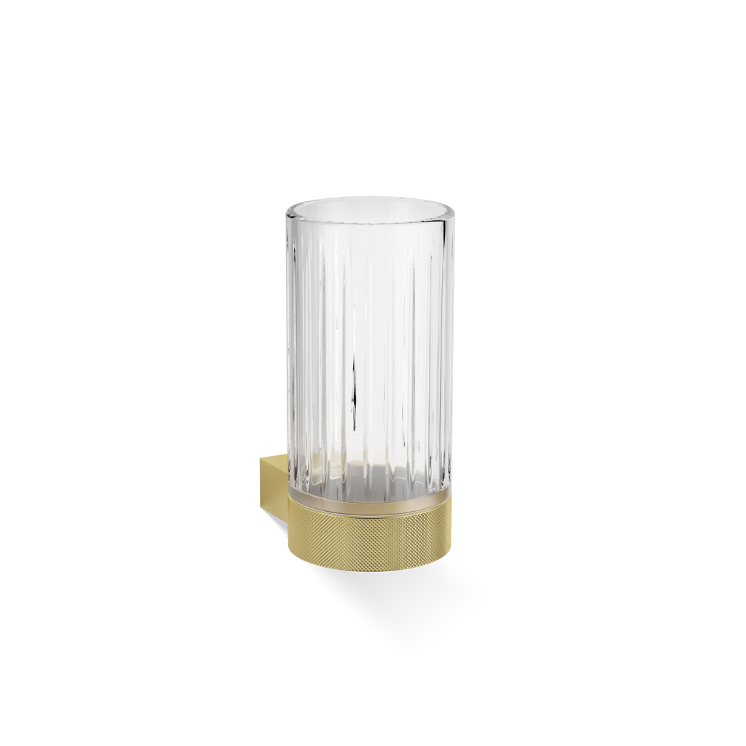 Matt vergoldeter Behälter mit geschliffenem Kristallglas, vielseitig als edler Schmuckhalter oder für Kosmetikpinsel.