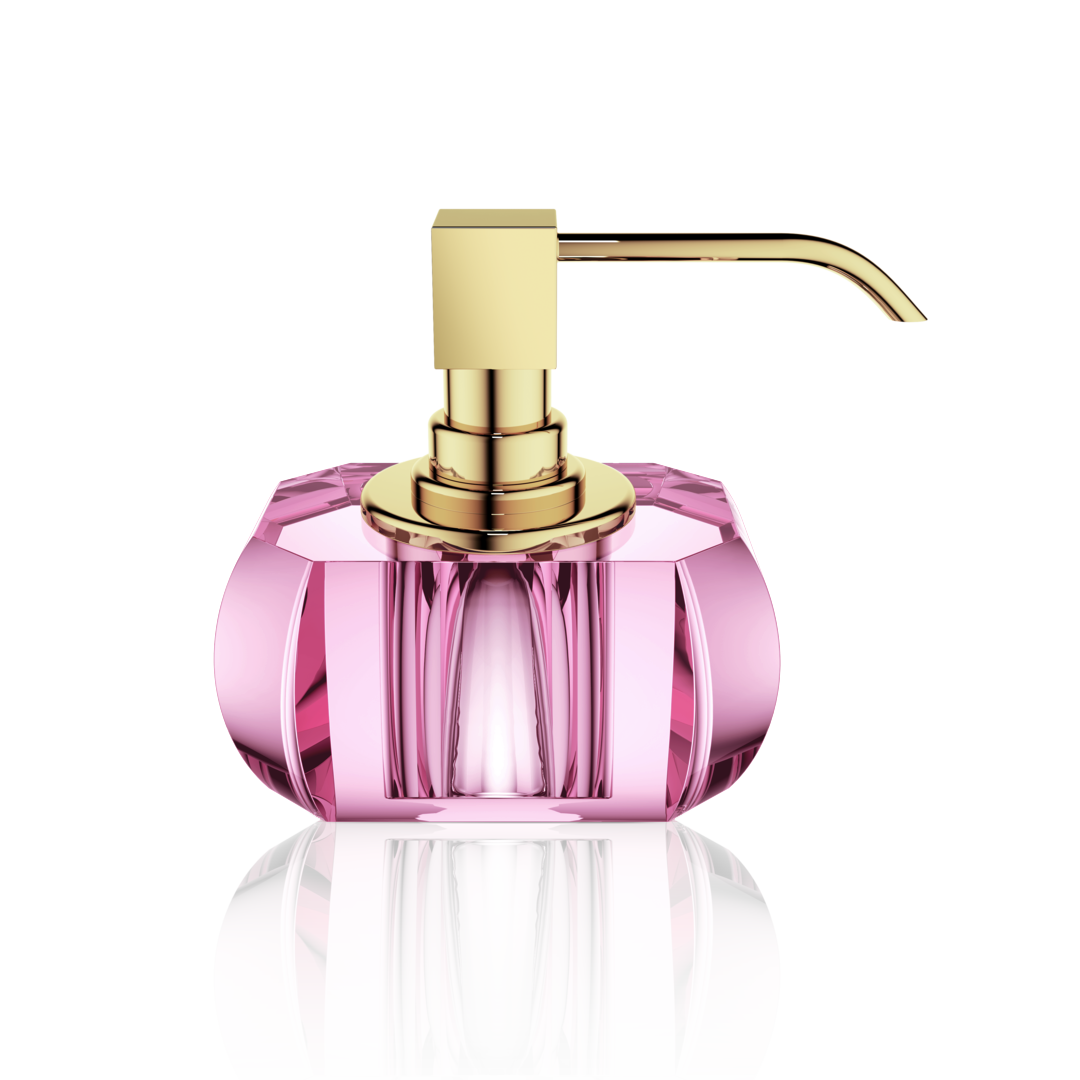 Kristallglas Seifenspender in leuchtendem Pink mit goldglänzendem Pumpkopf – glamouröse Seifenlösung für moderne Bäder