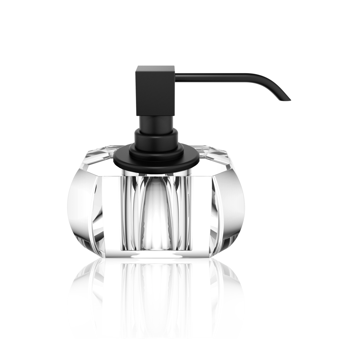 Klarer Kristallglas-Seifenspender mit mattschwarzem Pumpenkopf – edle Kombination aus Transparenz und modernem Design.