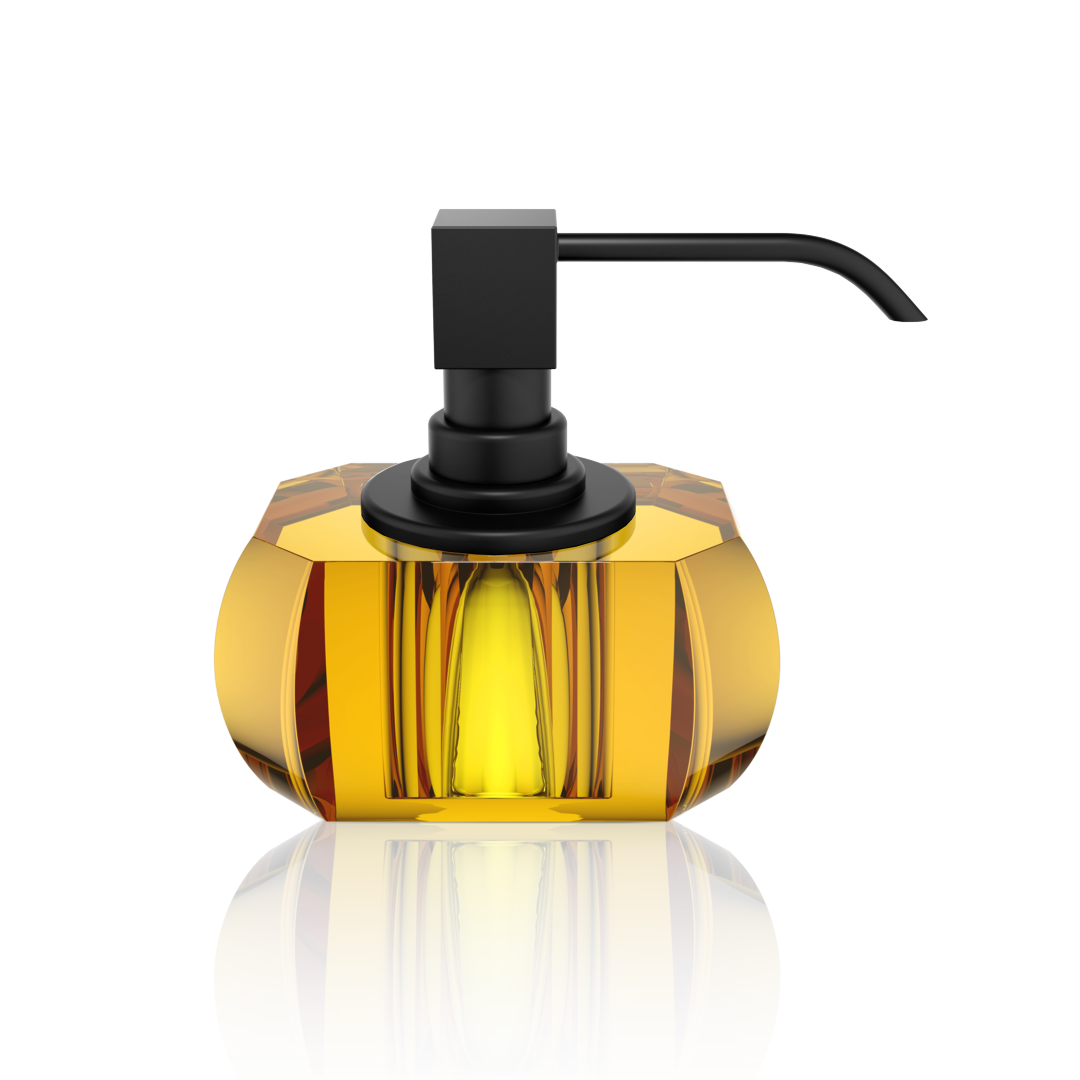Warmer Bernstein-Seifenspender mit schwarzer Pumpe – stilvolles Badaccessoire mit luxuriöser Ausstrahlung.