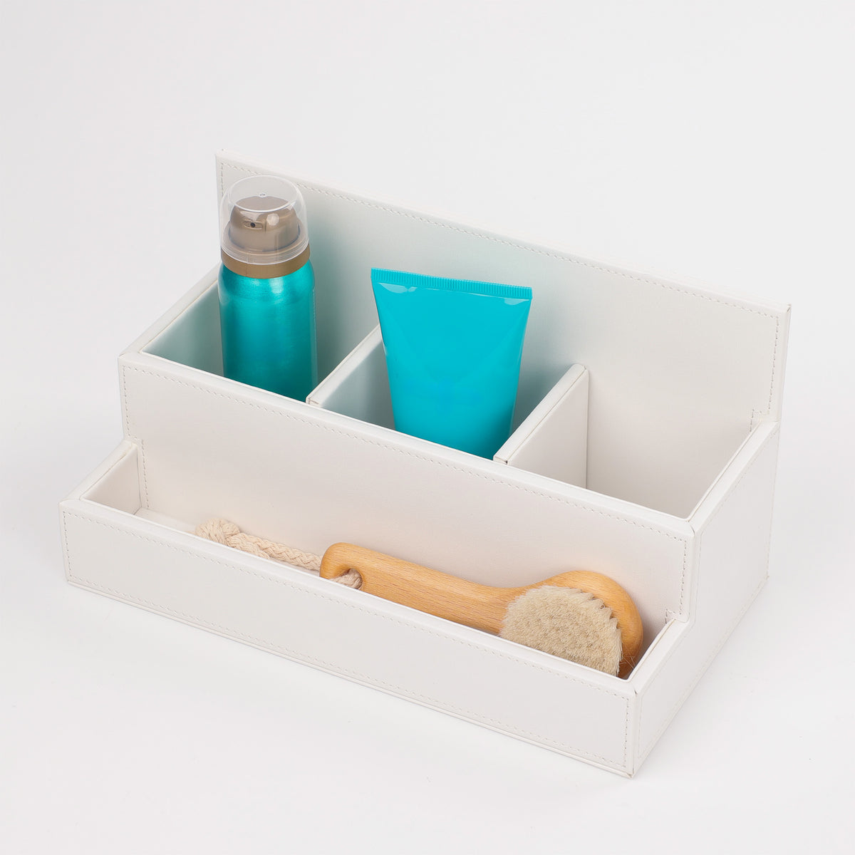Decor Walther Brownie STORAGE Organizer veganes Kunstleder Weiß mit Kosmetikartikeln