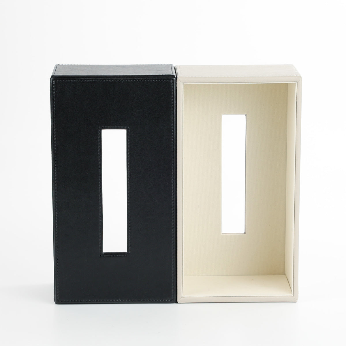 Decor Walther Brownie KB 40 rechteckige Papiertuchbox, Farbton Schwarz und Sandbeige, veganes Kunstleder Außen- und Innenansicht mit Verkleidung in Samt innen