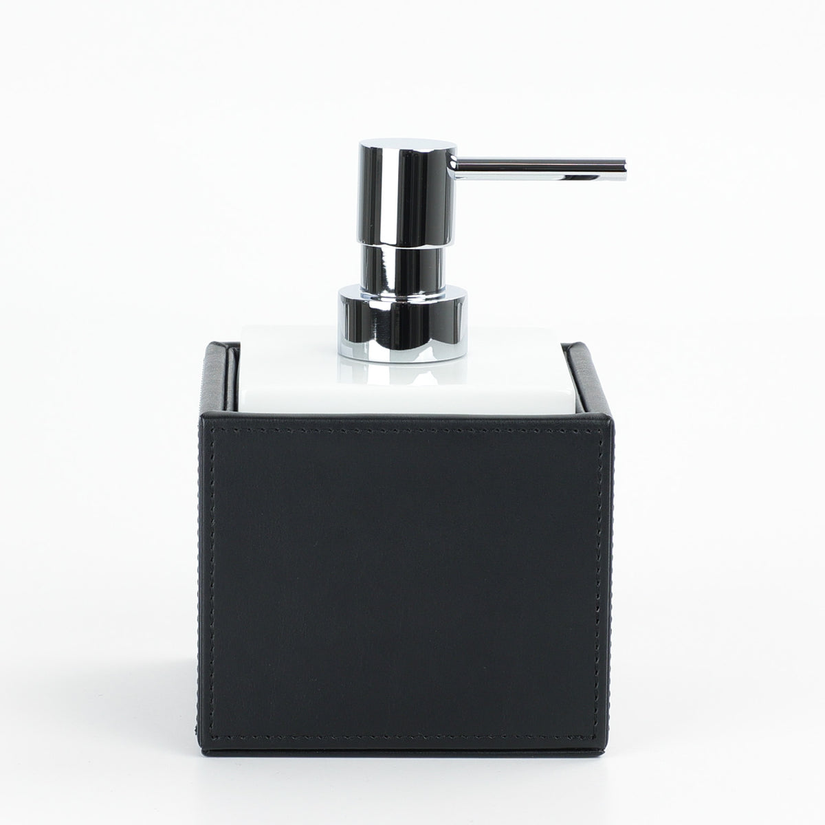 Decor Walther Brownie SSP Seifenspender 430ml veganes Kunstleder Schwarz, Porzellan Weiß, Pumpenkopf Chrom, wasserfest