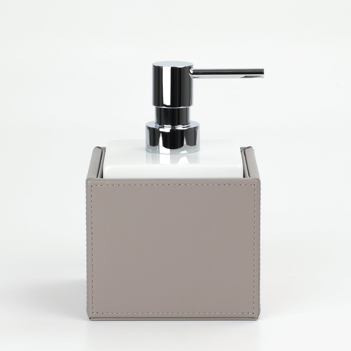 Decor Walther Brownie SSP Seifenspender 430ml veganes Kunstleder Taupe, Porzellan Weiß, Pumpenkopf Chrom, wasserfest