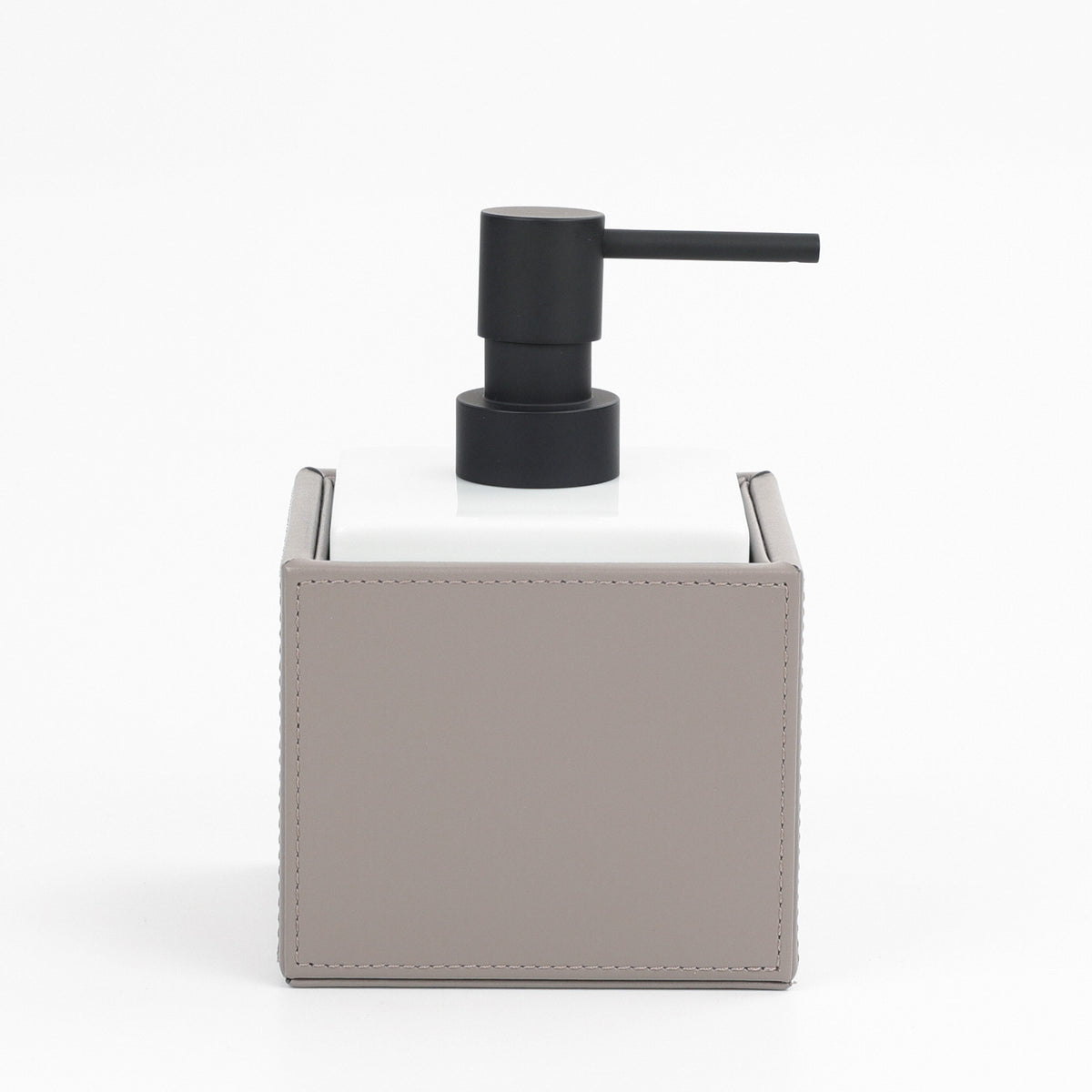 Decor Walther Brownie SSP Seifenspender 430ml veganes Kunstleder Taupe, Porzellan Weiß, Pumpenkopf Schwarz matt, wasserfest