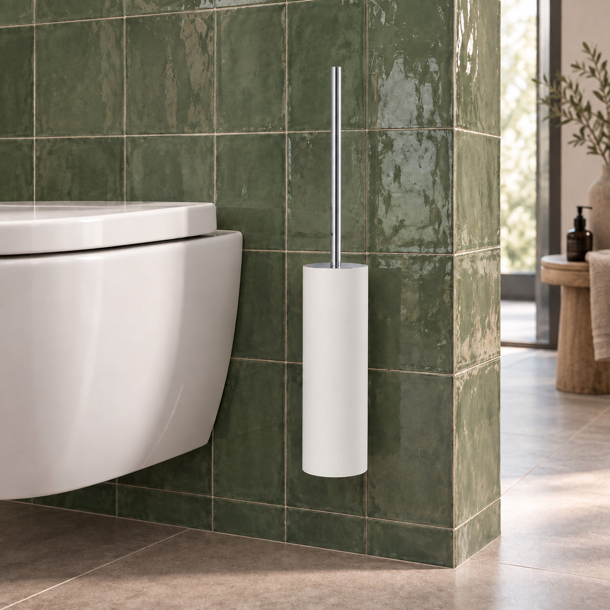 WC Bürstengarnitur in Weiß matt aus der Serie Stone von Decor Walther montiert an einer grünen Fliesenwand mit Bürstenstiel aus Chrom